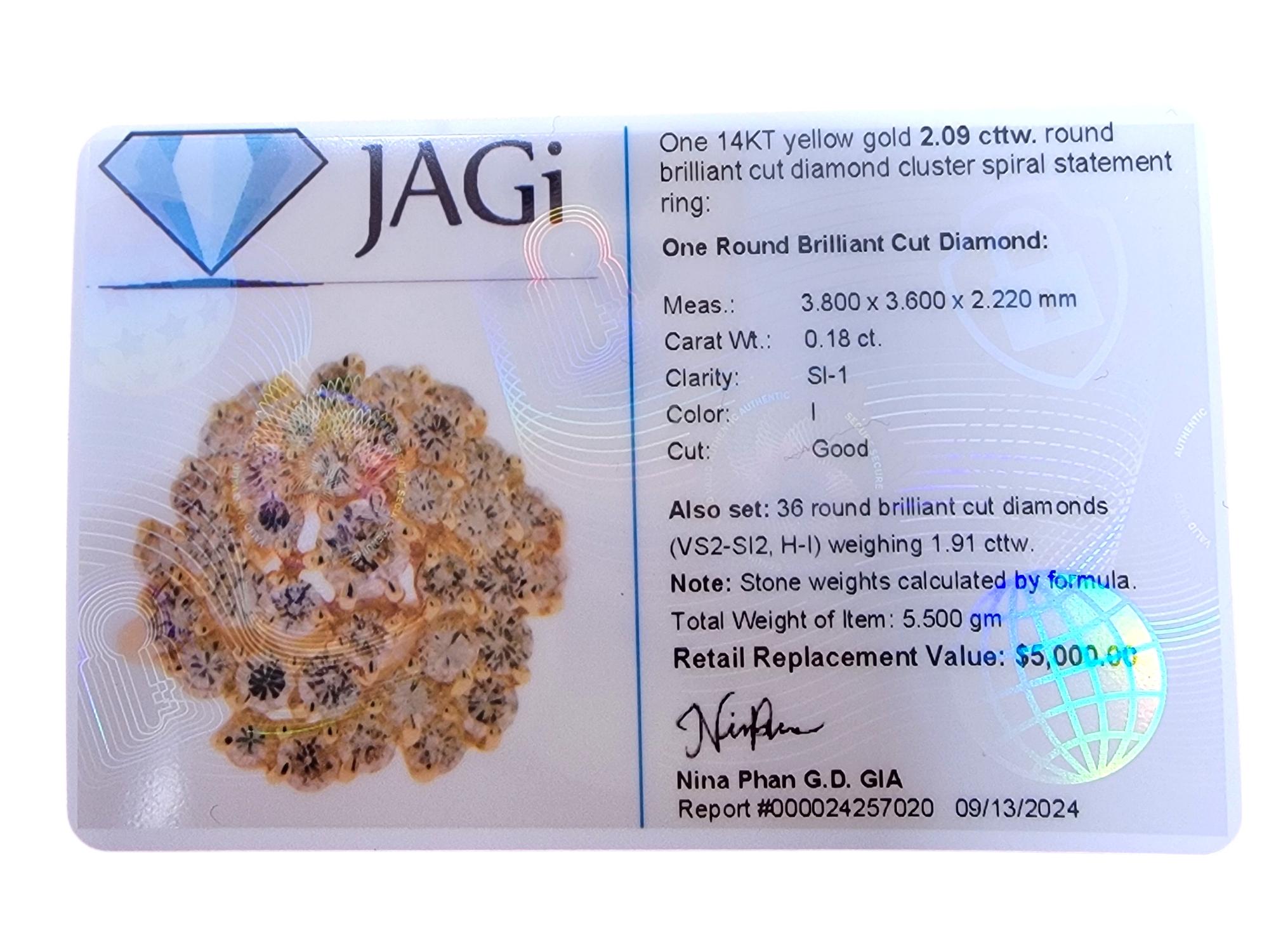 2.09 Carat Round Diamond Cluster Spiral Cocktail Ring in 14 Karat Yellow Gold For Sale 4