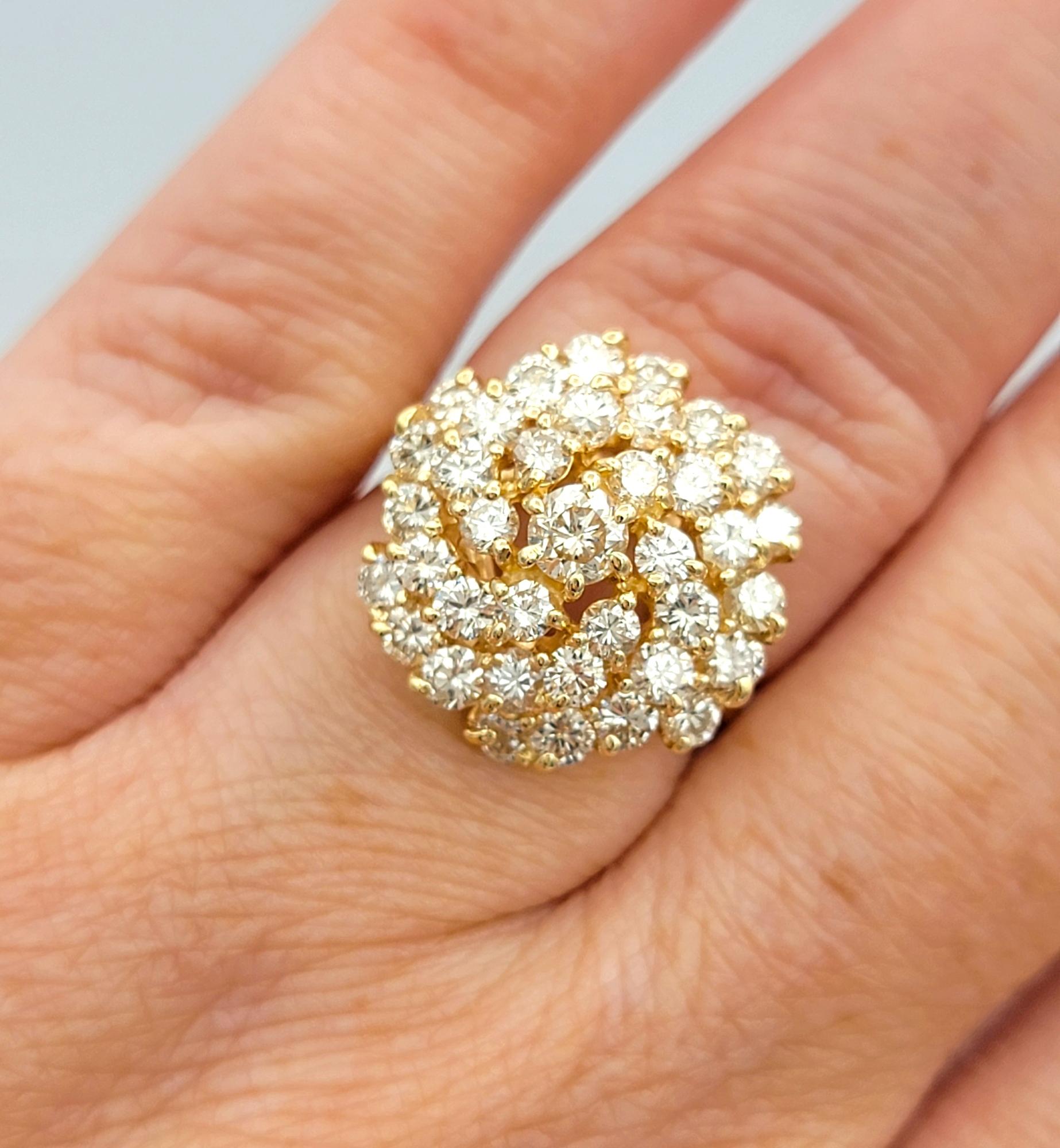 Women's 2.09 Carat Round Diamond Cluster Spiral Cocktail Ring in 14 Karat Yellow Gold For Sale