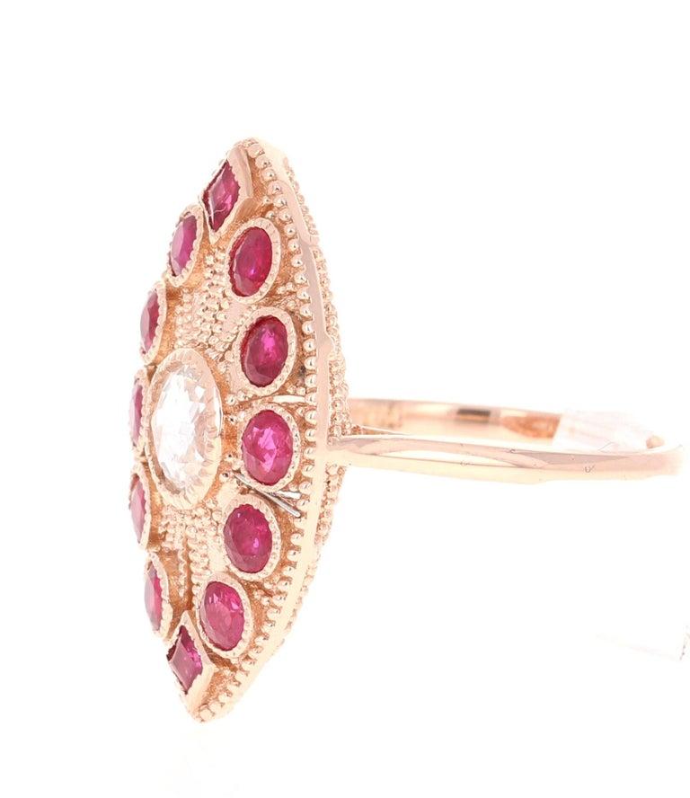 14 Karat Roségold Cocktail-Ring mit 2,09 Karat Rubin und Diamant im Rosenschliff (Viktorianisch) im Angebot