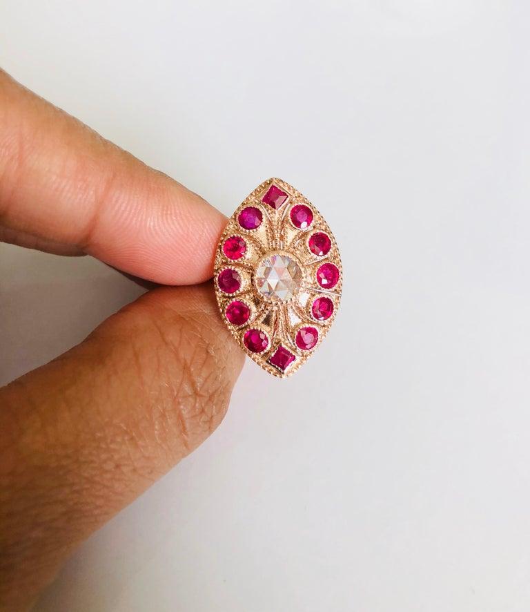2.09 Carat Ruby and Rose Cut Diamond 14 Karat Rose Gold Cocktail Ring In New Condition For Sale In Los Angeles, CA