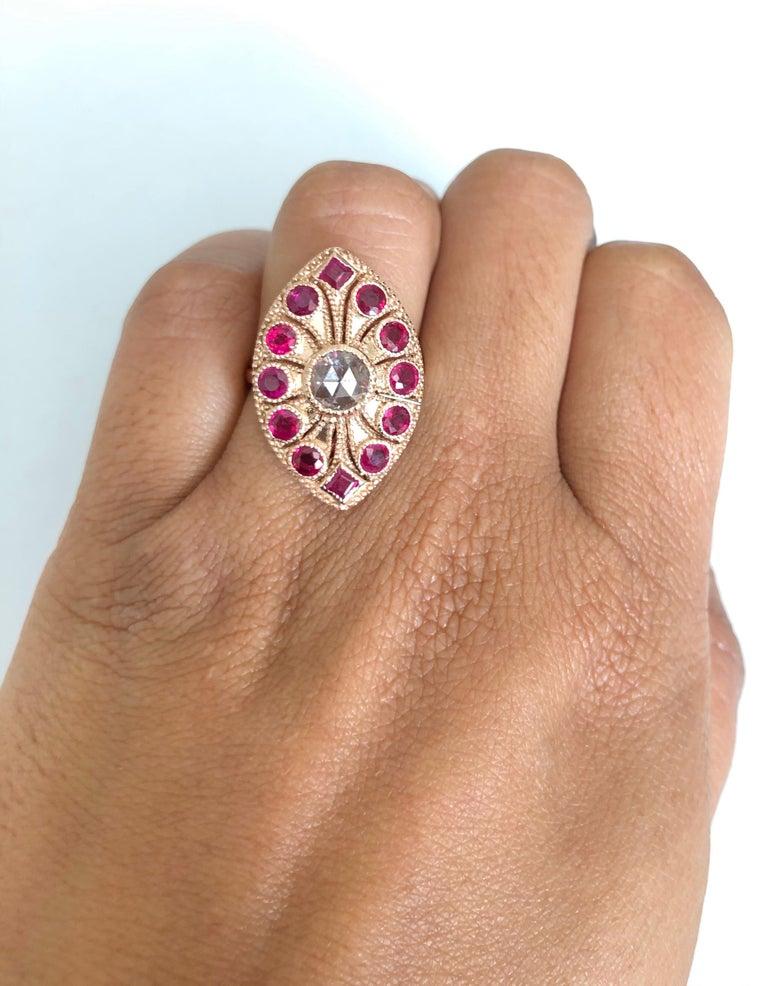 Women's 2.09 Carat Ruby and Rose Cut Diamond 14 Karat Rose Gold Cocktail Ring For Sale