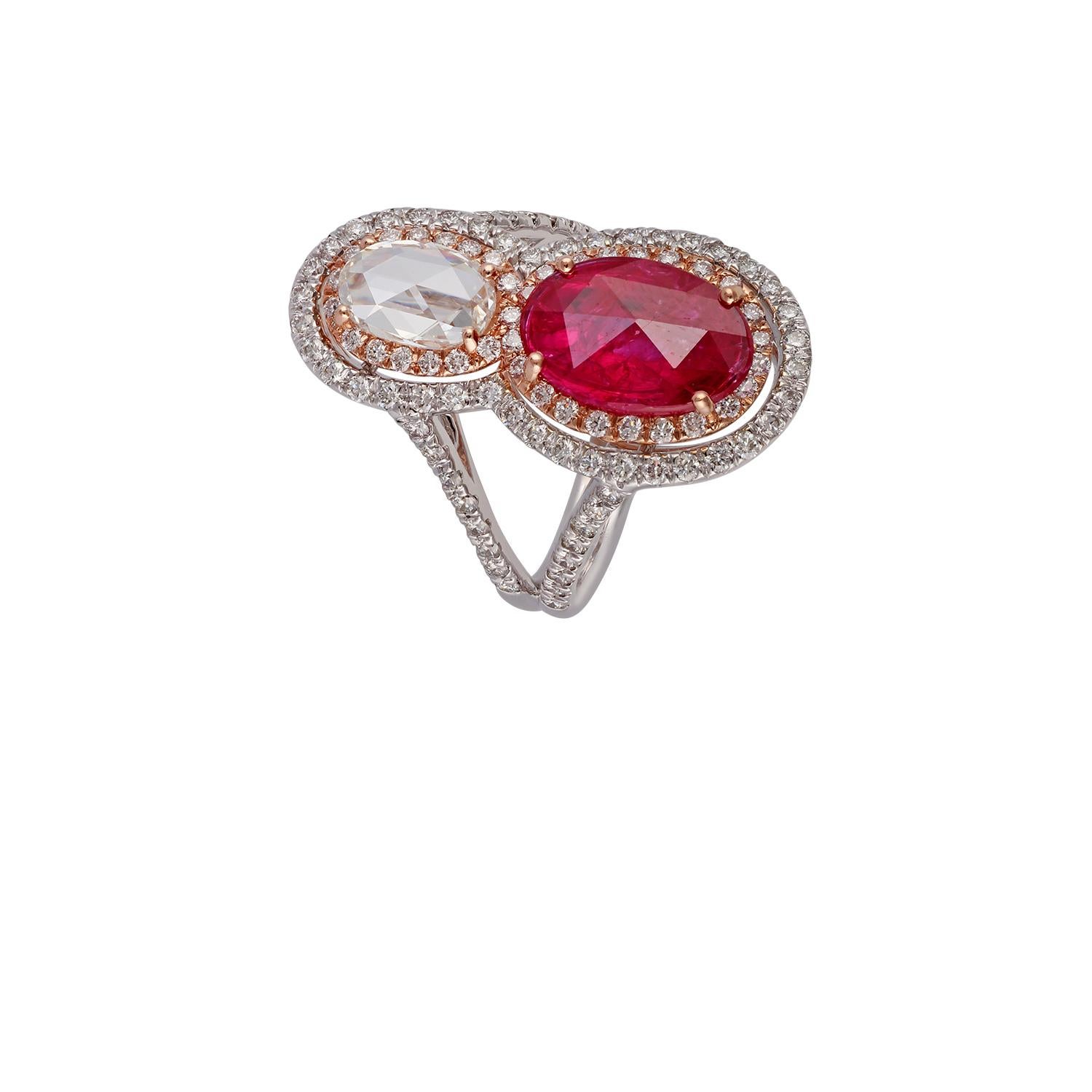 Contemporary 2.09 Carat Ruby and Diamond Ring Studded in 18 Karat White Gold For Sale