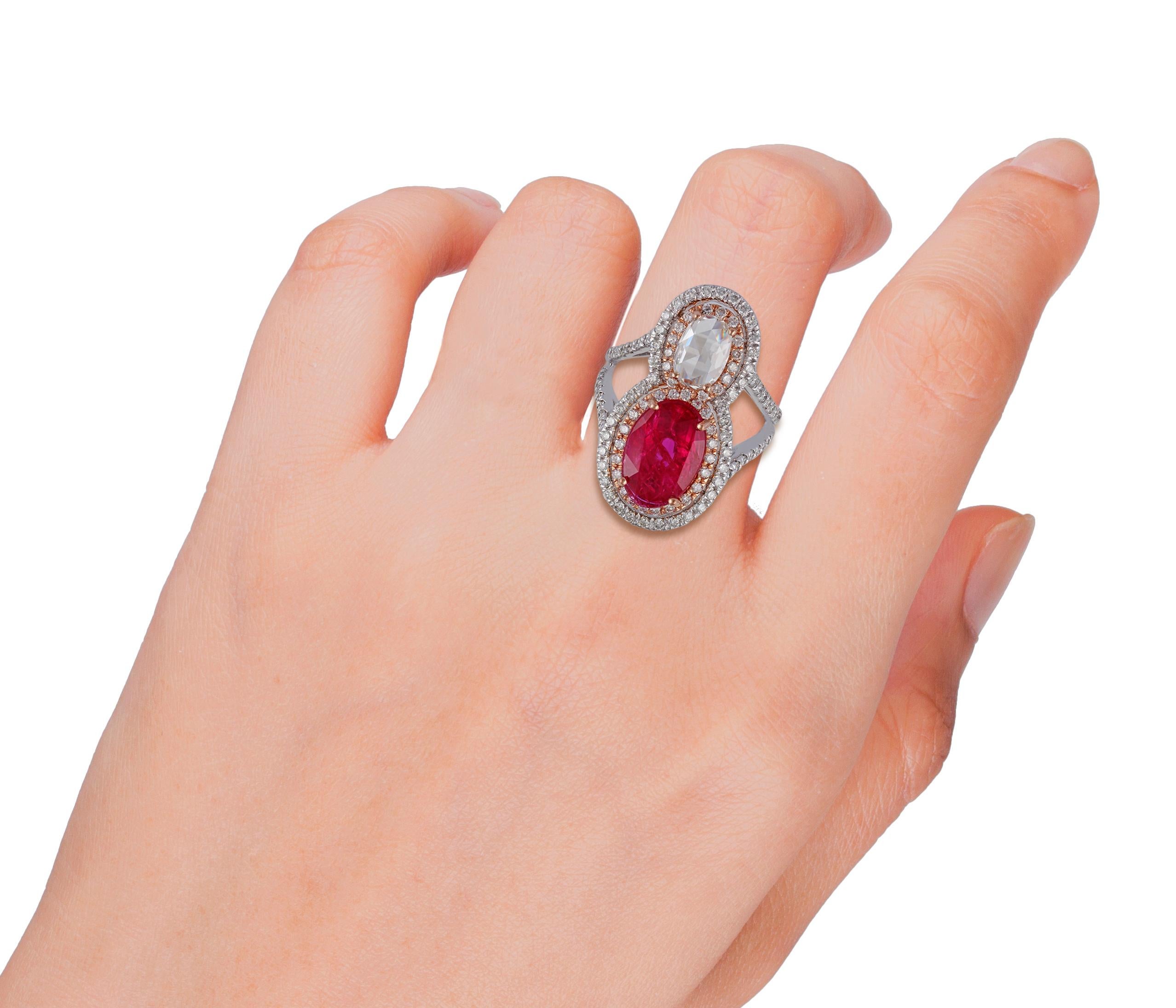 Rose Cut 2.09 Carat Ruby and Diamond Ring Studded in 18 Karat White Gold For Sale