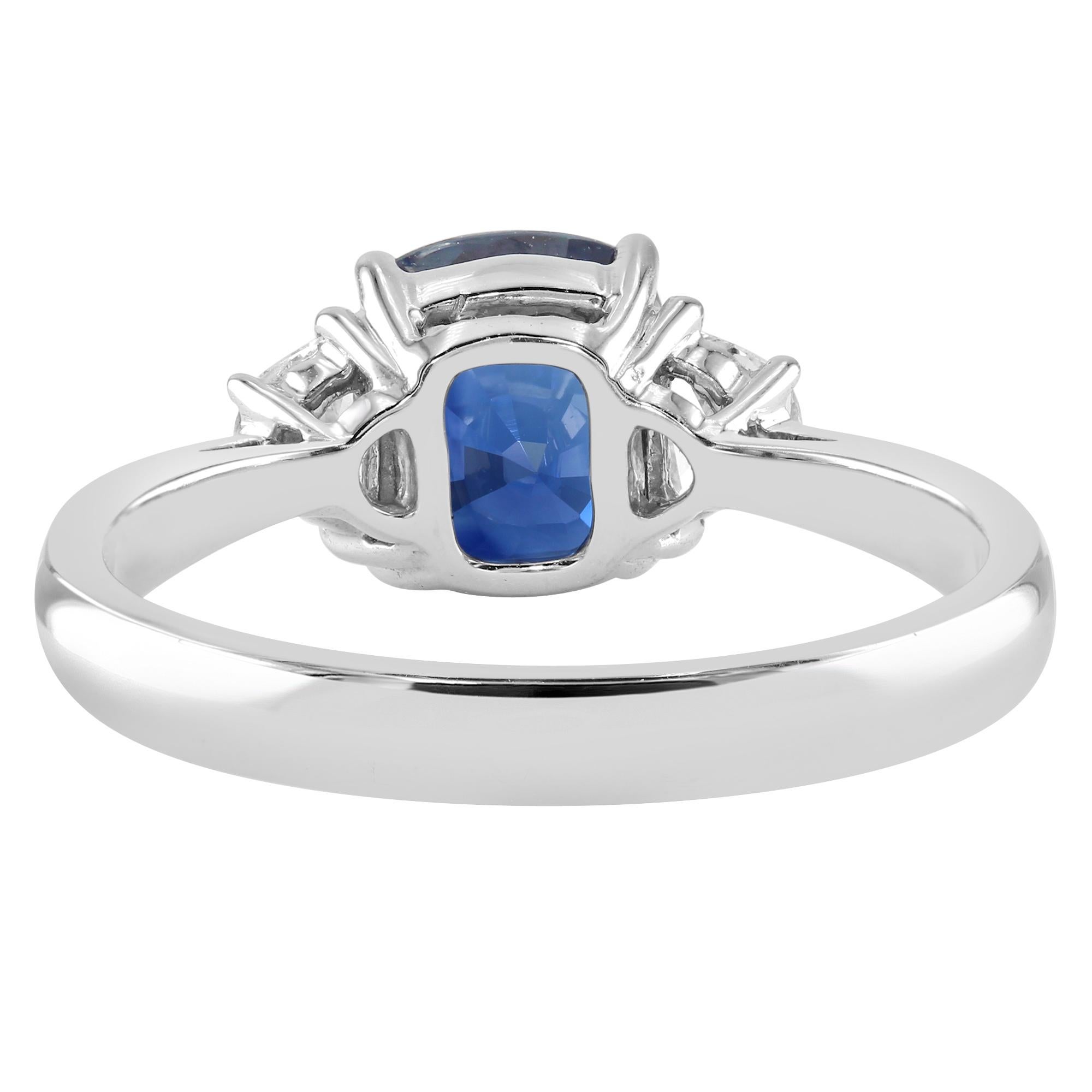 Cushion Cut 2.09 Carat Sapphire and Diamond White Gold Three-Stone Engagement Ring For Sale