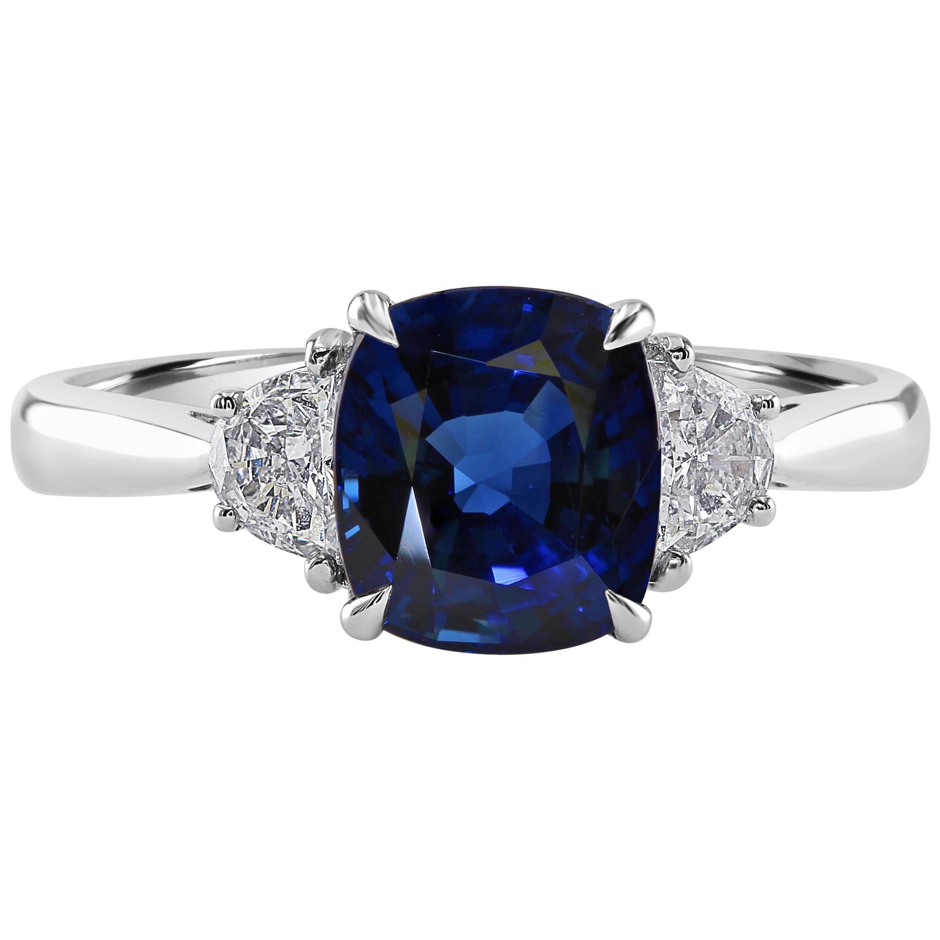 2.09 Carat Sapphire and Diamond White Gold Three-Stone Engagement Ring For Sale