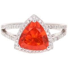 2.09 Carat Trillion Cut Fire Opal Diamond 14 Karat White Gold Ring