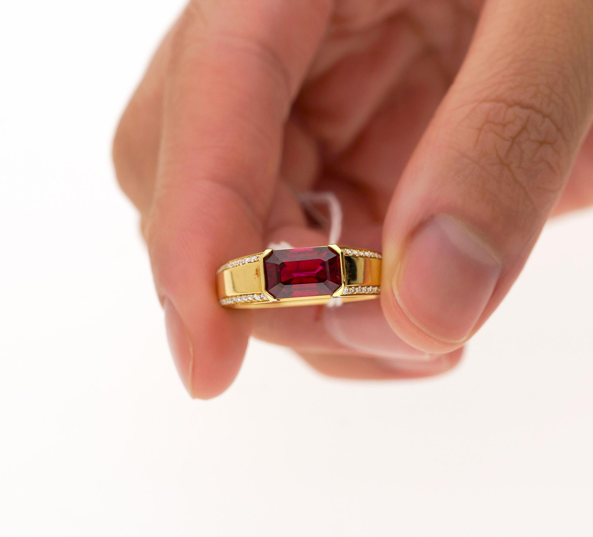 2.09 Carat Vivid Red Pigeon's Blood Burma Ruby Emerald Cut East-West Ring For Sale 5