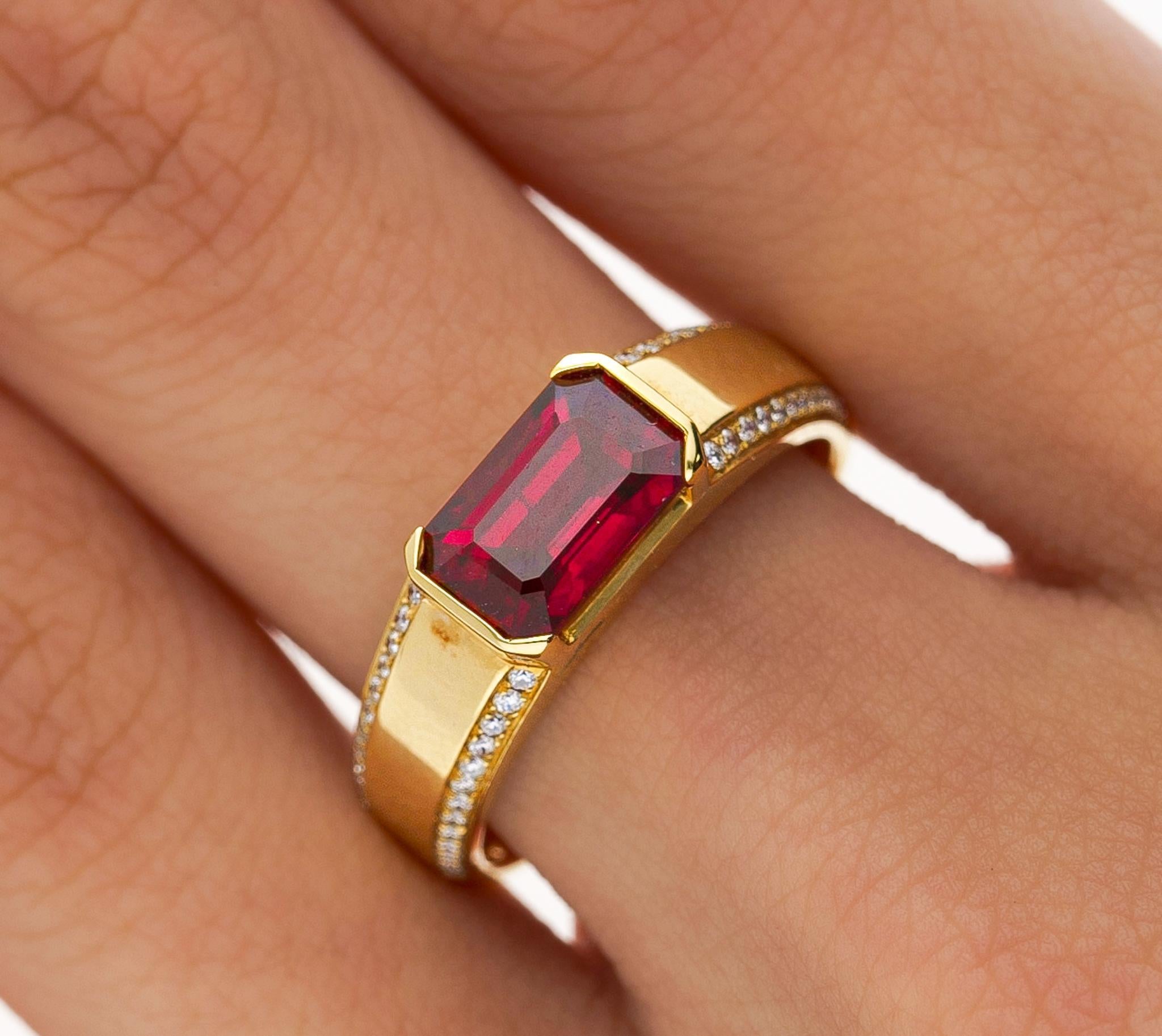 2.09 Carat Vivid Red Pigeon's Blood Burma Ruby Emerald Cut East-West Ring For Sale 6