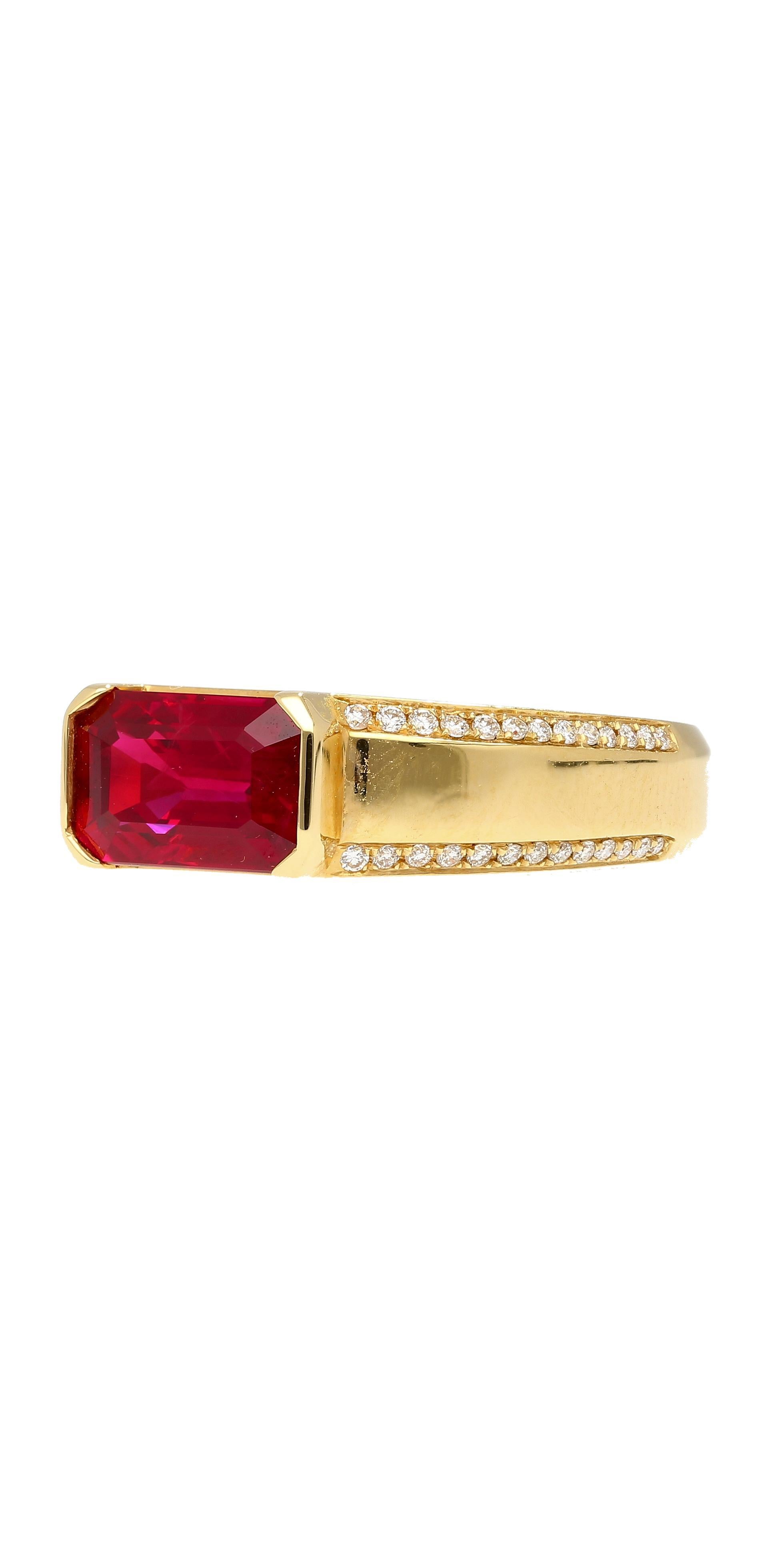 Modern 2.09 Carat Vivid Red Pigeon's Blood Burma Ruby Emerald Cut East-West Ring For Sale