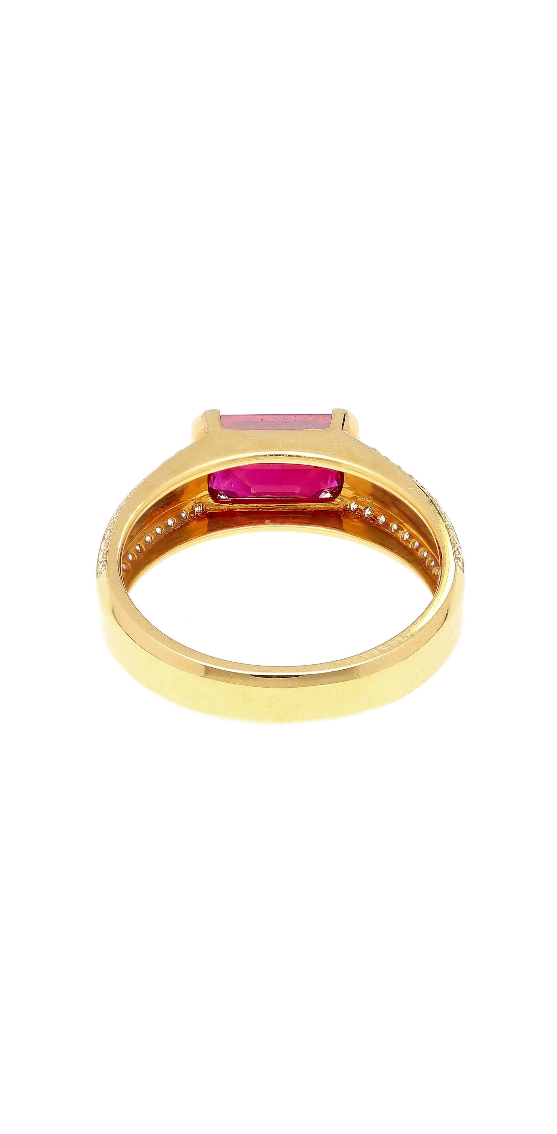 Women's or Men's 2.09 Carat Vivid Red Pigeon's Blood Burma Ruby Emerald Cut East-West Ring For Sale