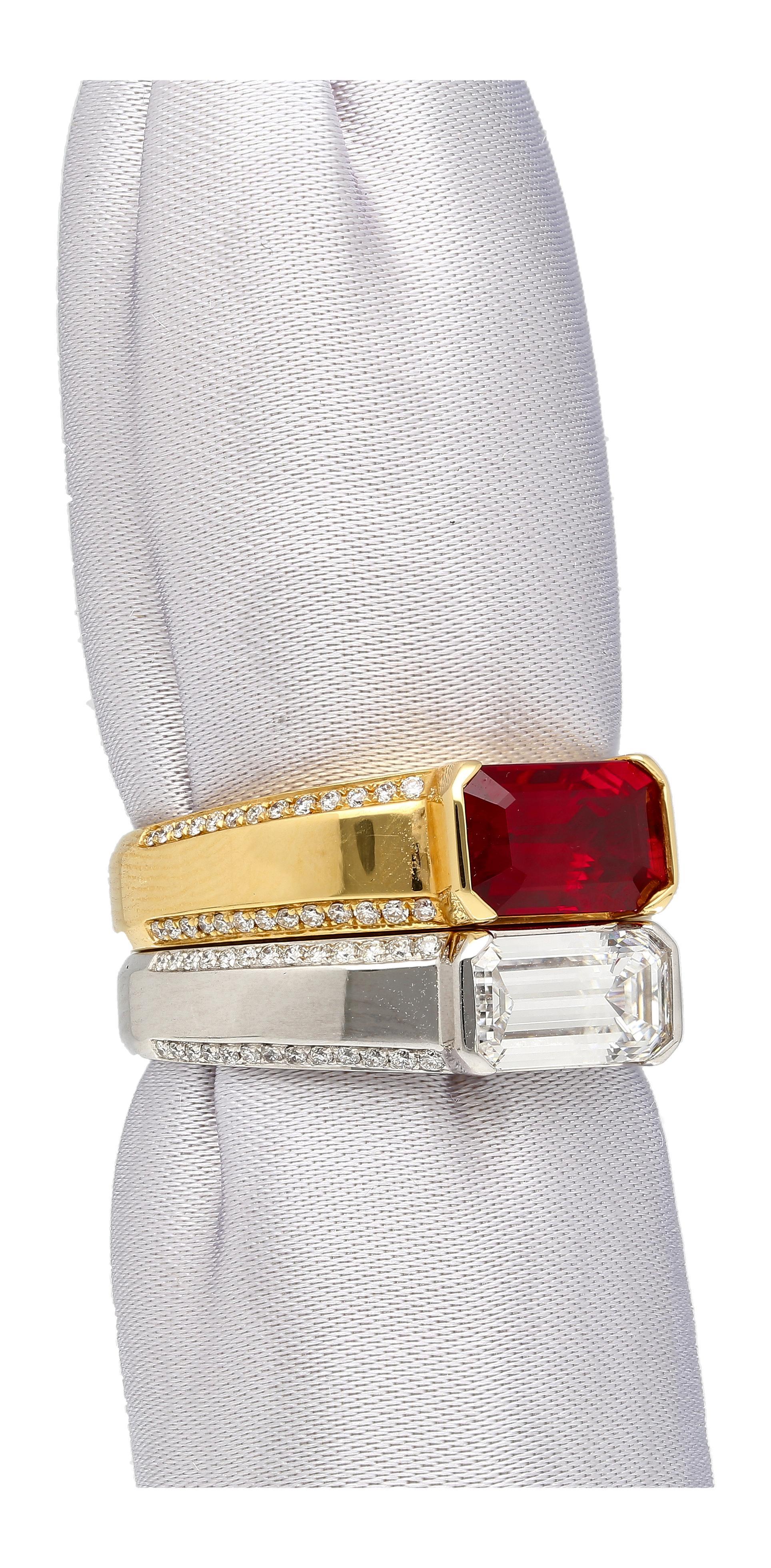 2.09 Carat Vivid Red Pigeon's Blood Burma Ruby Emerald Cut East-West Ring For Sale 1