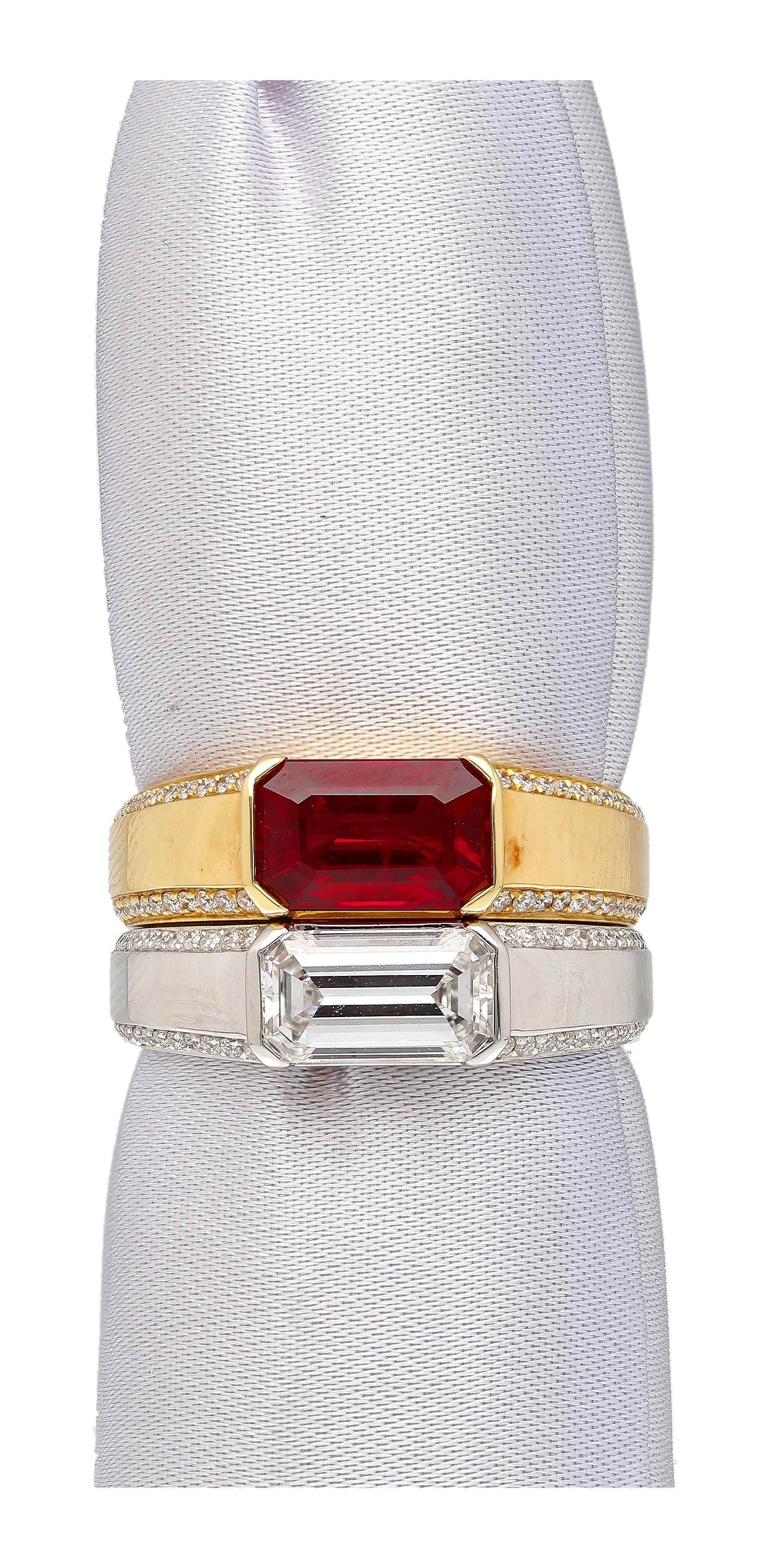 2.09 Carat Vivid Red Pigeon's Blood Burma Ruby Emerald Cut East-West Ring For Sale 2