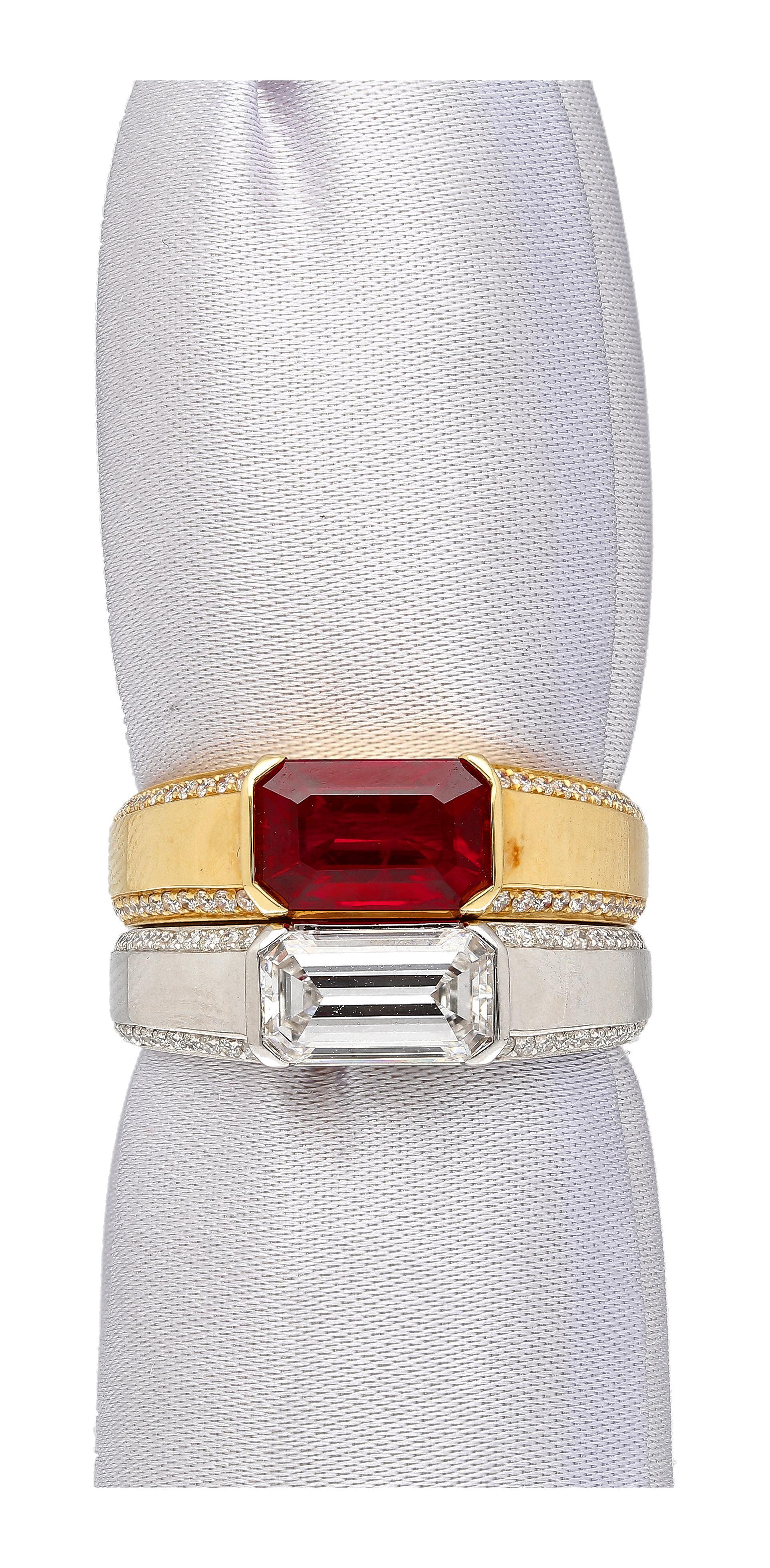 2.09 Carat Vivid Red Pigeon's Blood Burma Ruby Emerald Cut East-West Ring 2
