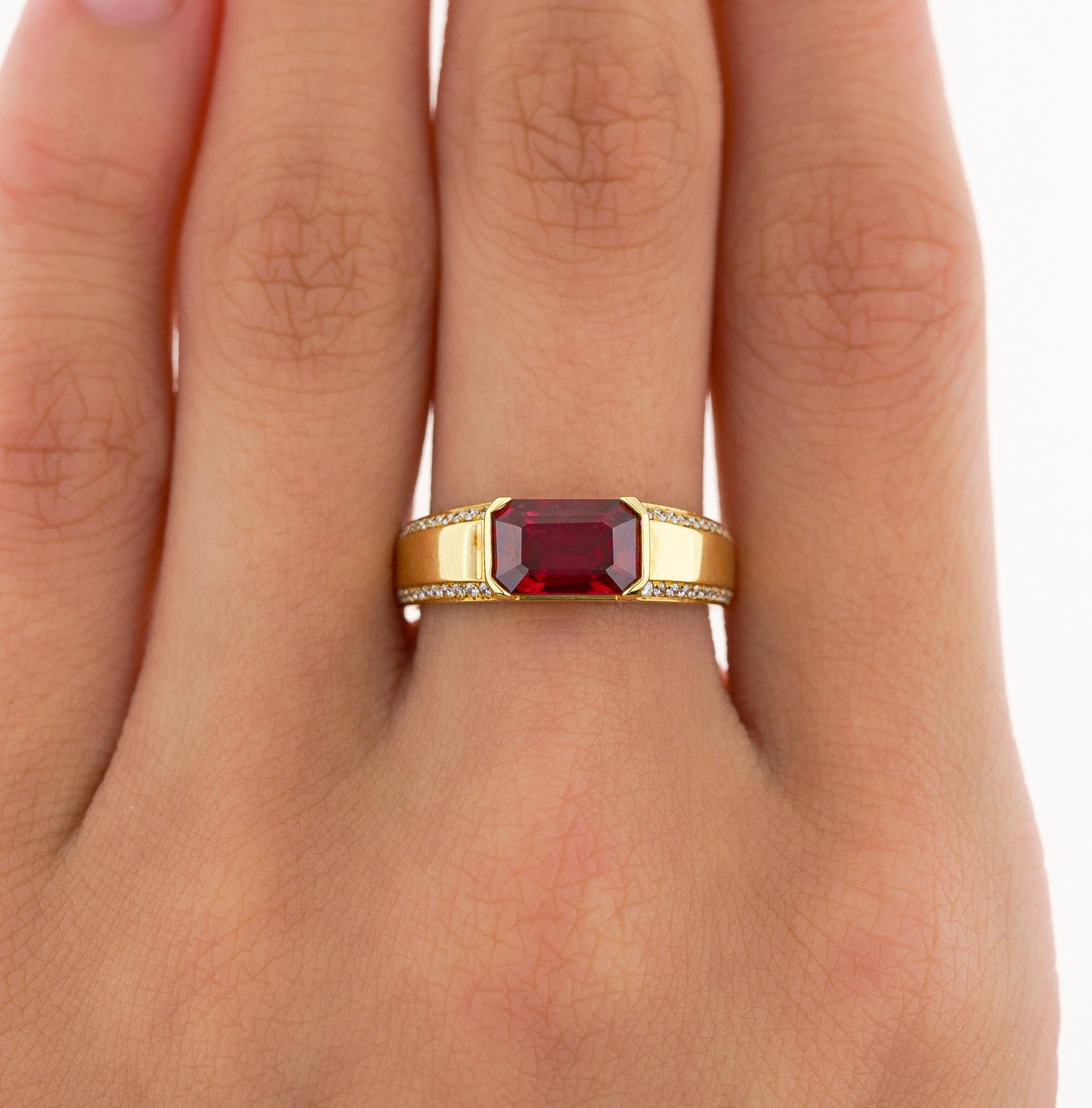 2.09 Carat Vivid Red Pigeon's Blood Burma Ruby Emerald Cut East-West Ring For Sale 4