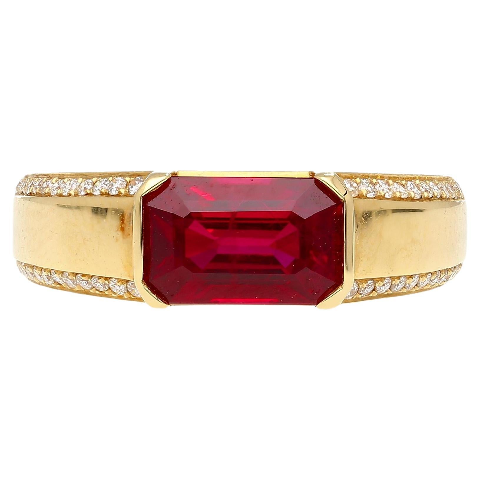 2.09 Carat Vivid Red Pigeon's Blood Burma Ruby Emerald Cut East-West Ring For Sale