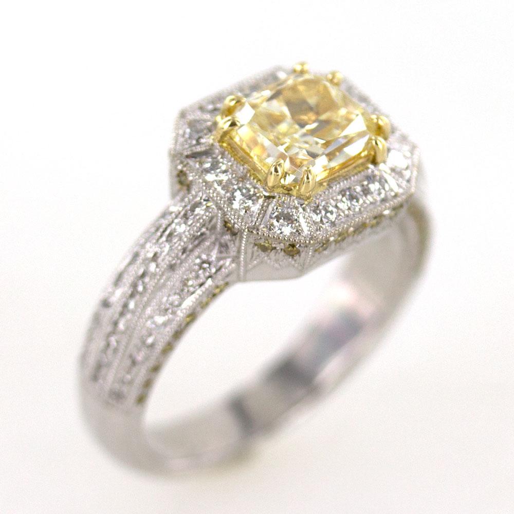 Cushion Cut 2.09 Carat Yellow Diamond 18 Karat Two-Tone Gold Engagement Ring