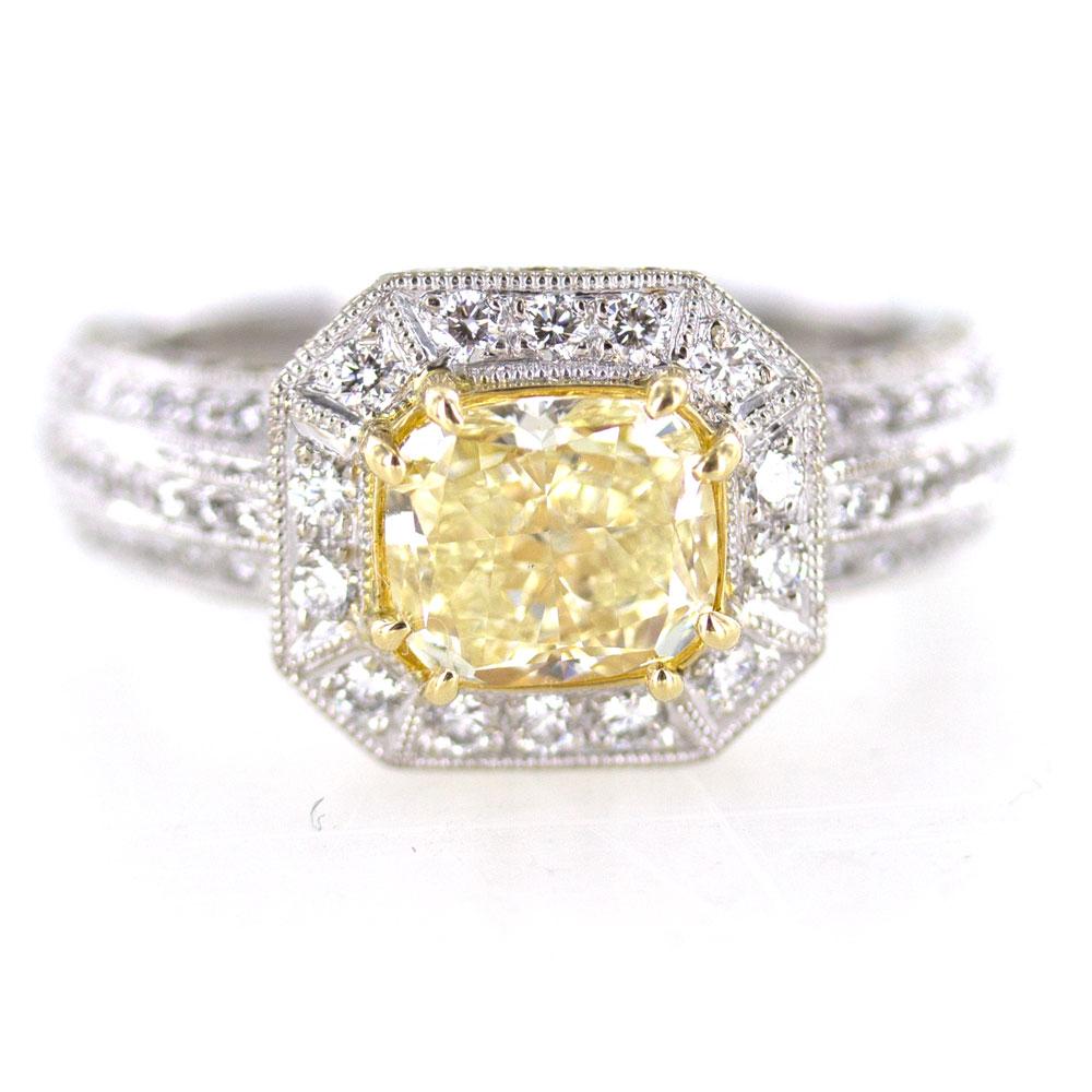 2.09 Carat Yellow Diamond 18 Karat Two-Tone Gold Engagement Ring In Excellent Condition In Boca Raton, FL