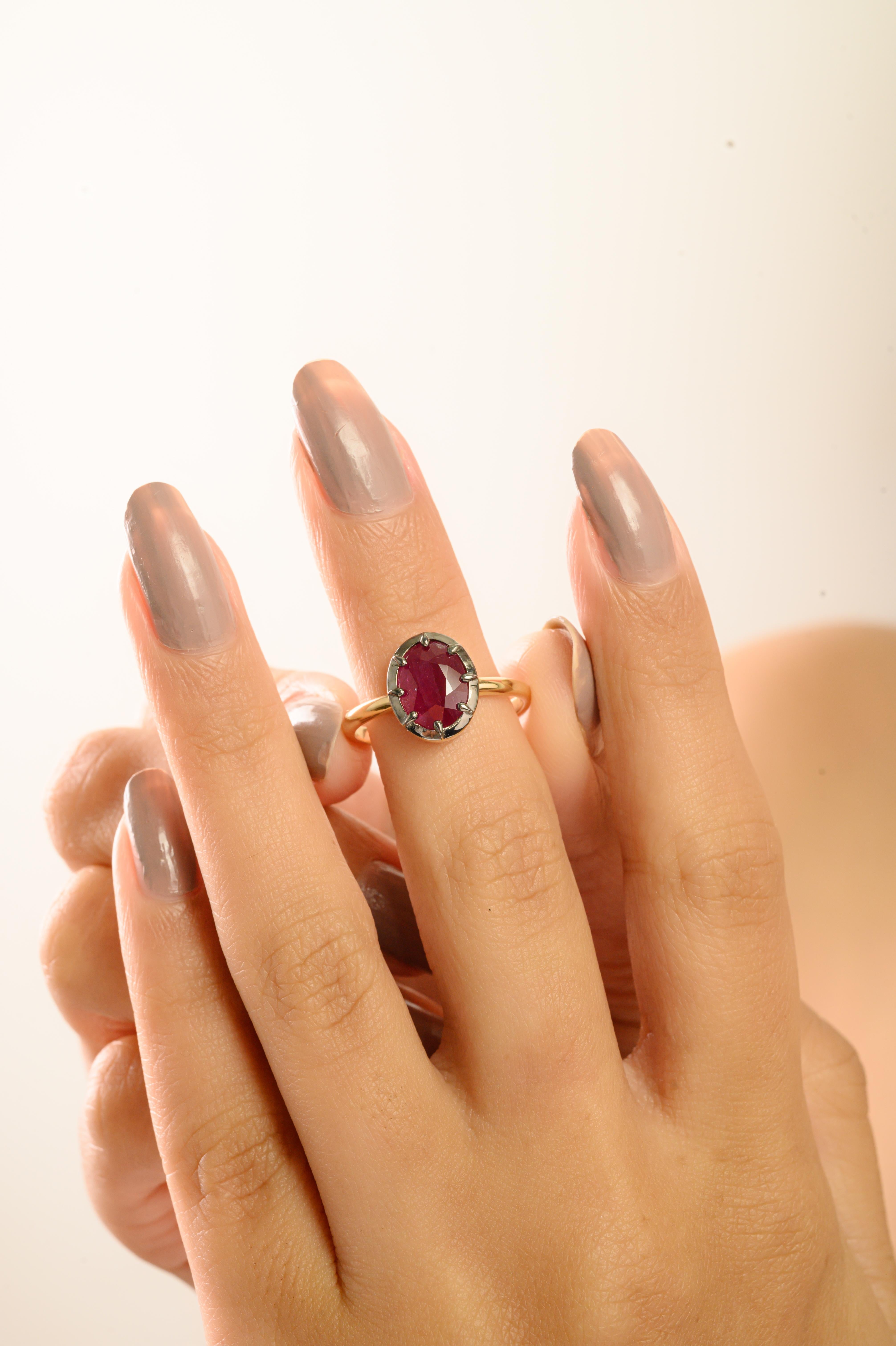 Im Angebot: 2.09 Ct Oval Cut Red Ruby Solitär Ring in 18K Gelbgold mit schwarzem Rhodium () 8