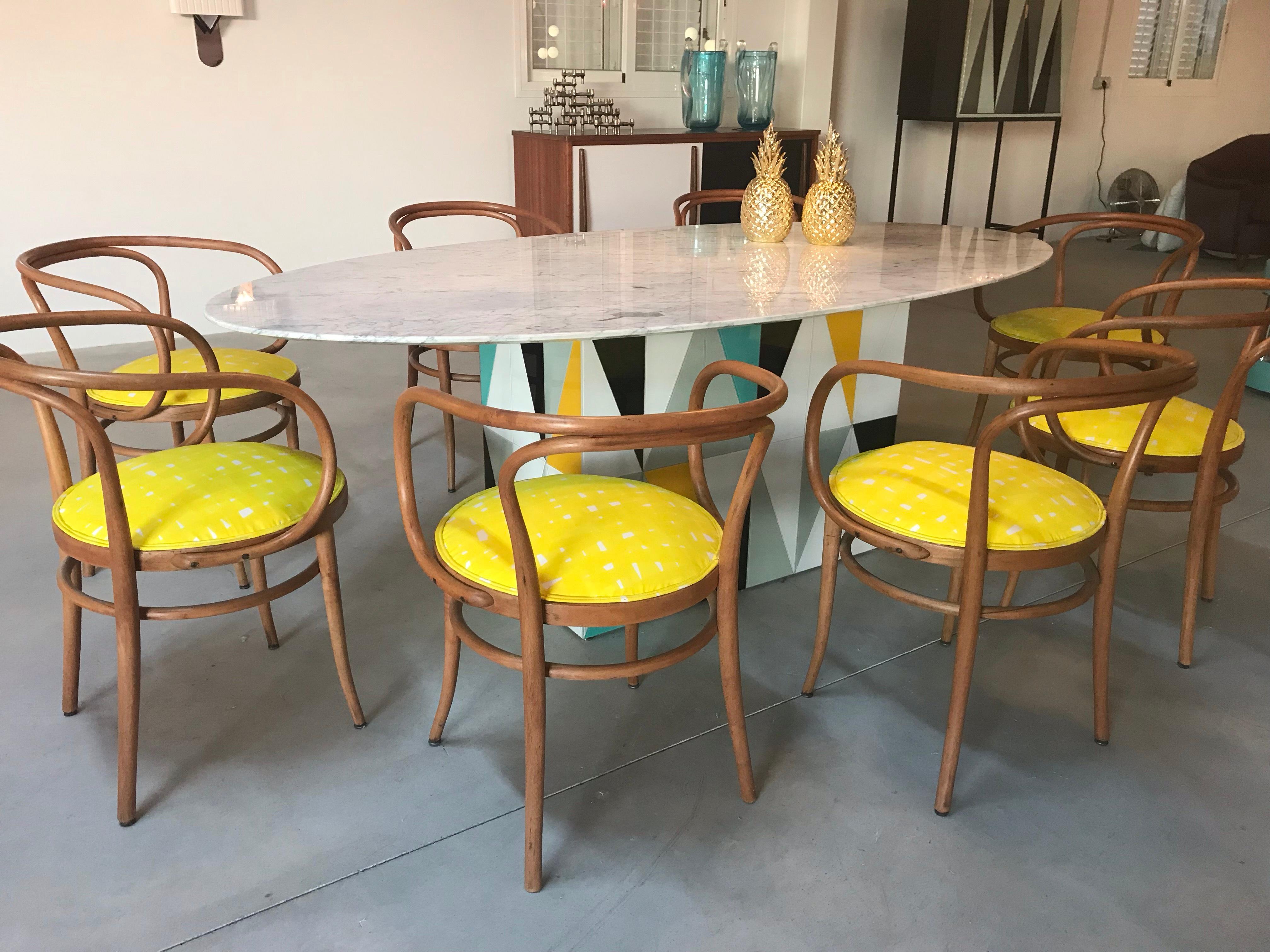 209 Thonet Midcentury Birchwood Yellow Upholstery Dining Chairs, Germany, 1900 9