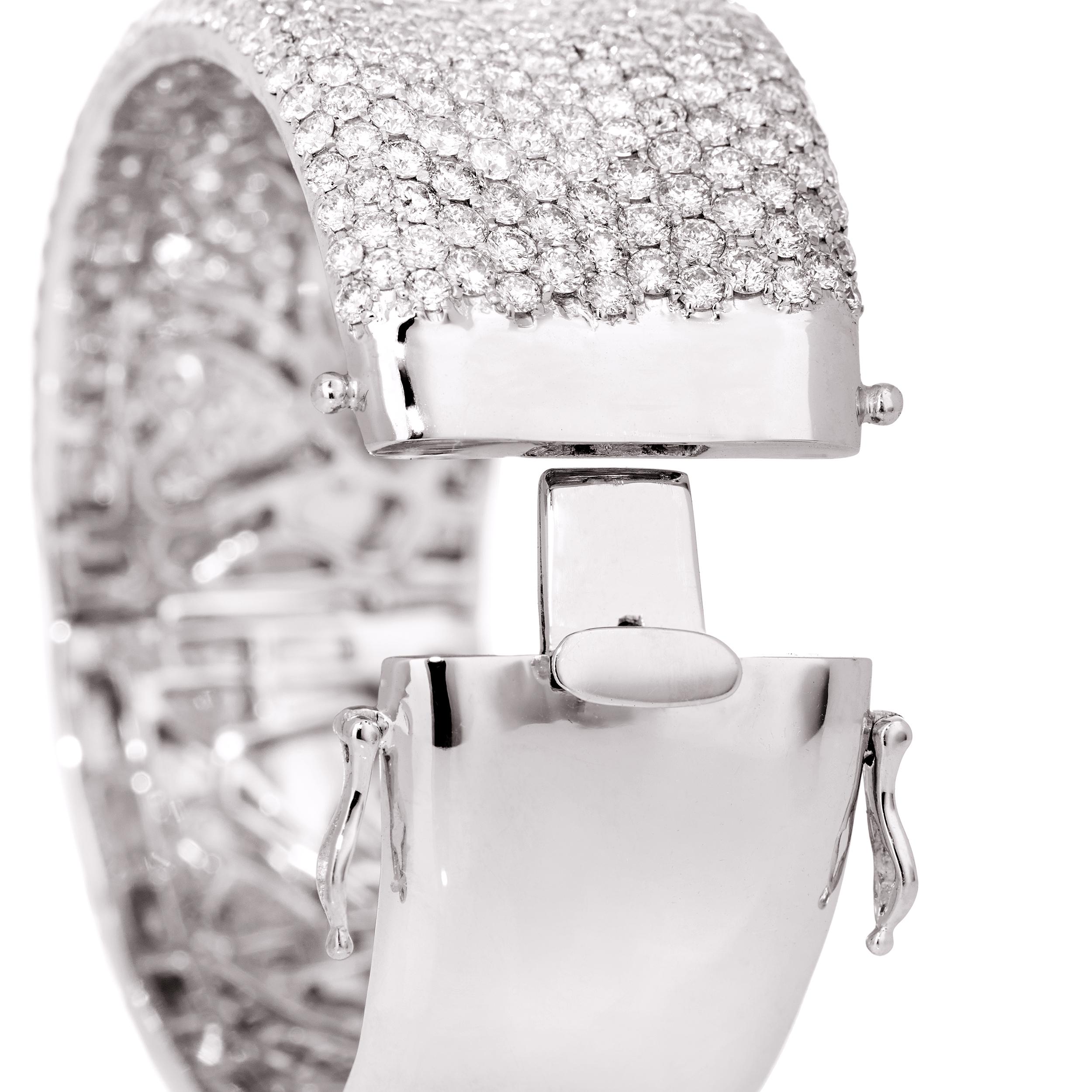 Modern 20.90 Carat Diamond Wide Cuff Bracelet in 18 Karat White Gold