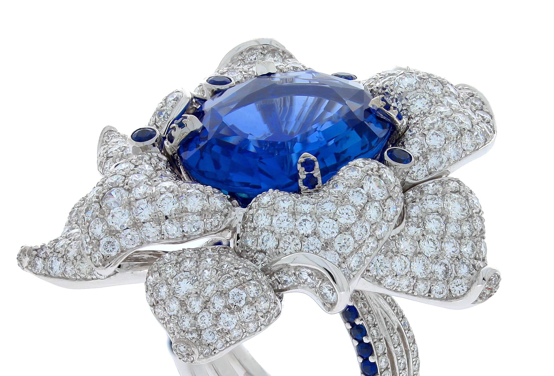 Oval Cut Chatila 20.93 Carat Non-Heated Ceylon Sapphire and Diamond Flower Ring For Sale