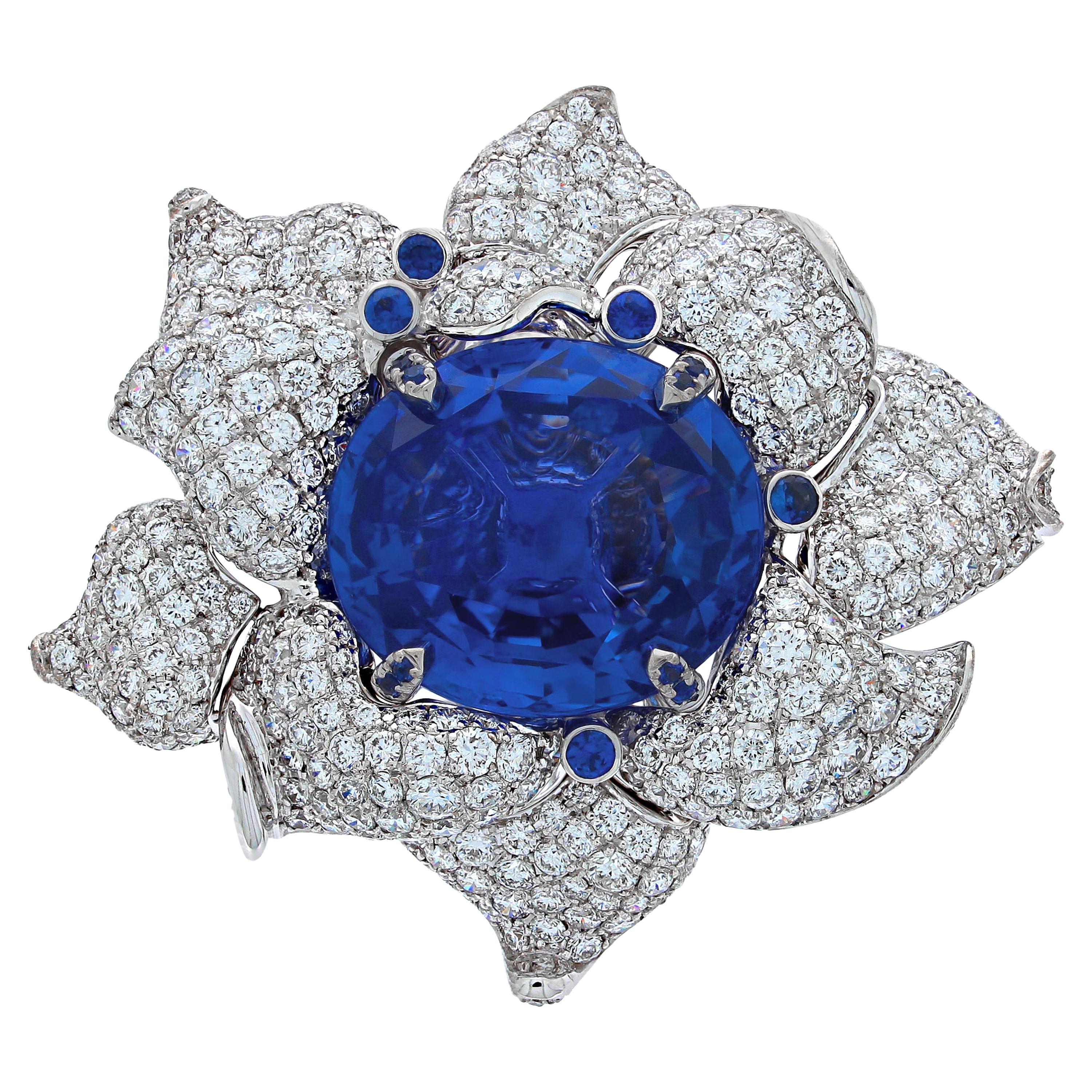 Chatila 20.93 Carat Non-Heated Ceylon Sapphire and Diamond Flower Ring For Sale