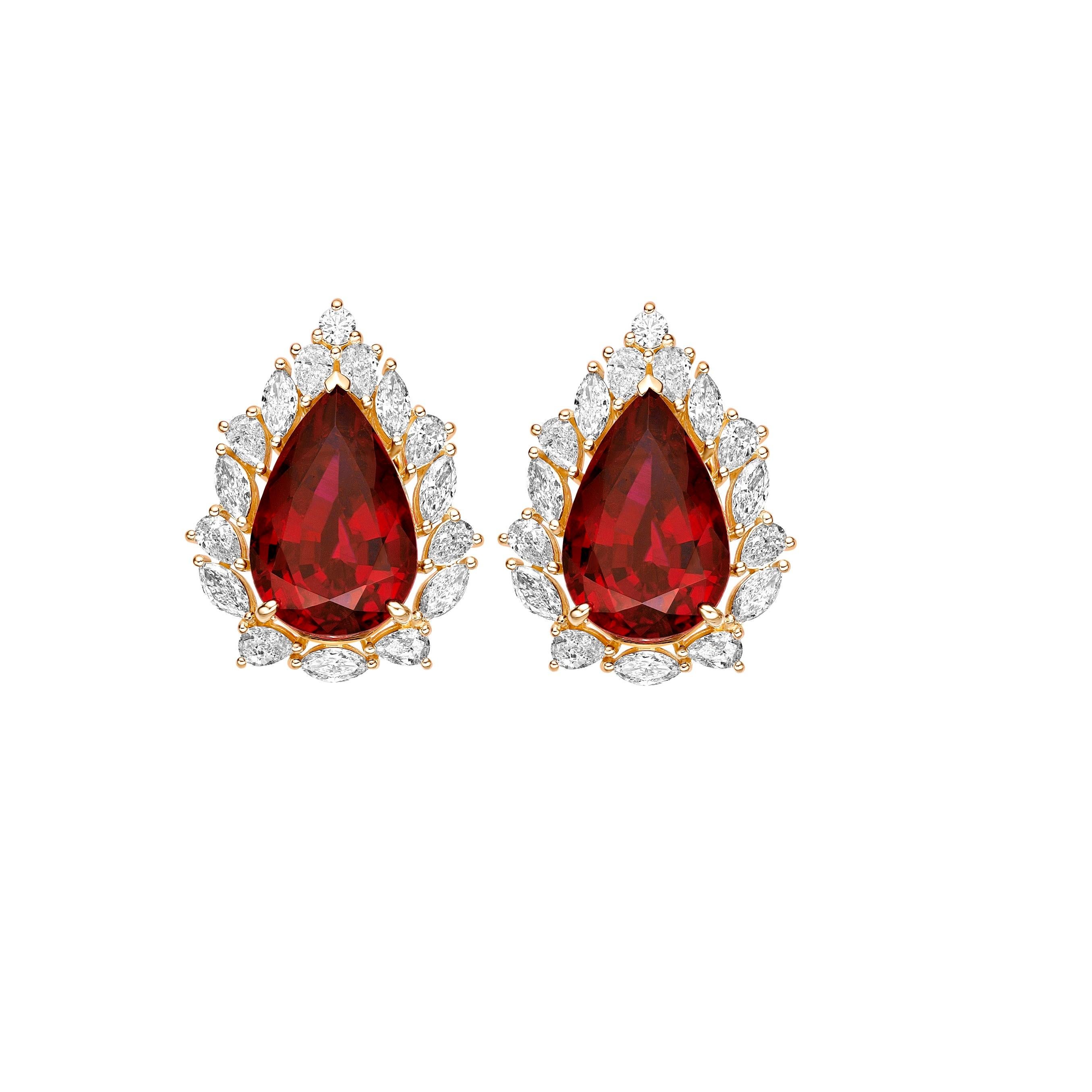 Contemporary 20.955 Carat Rubellite Stud Earrings in 18Karat Yellow Gold with White Diamond. For Sale