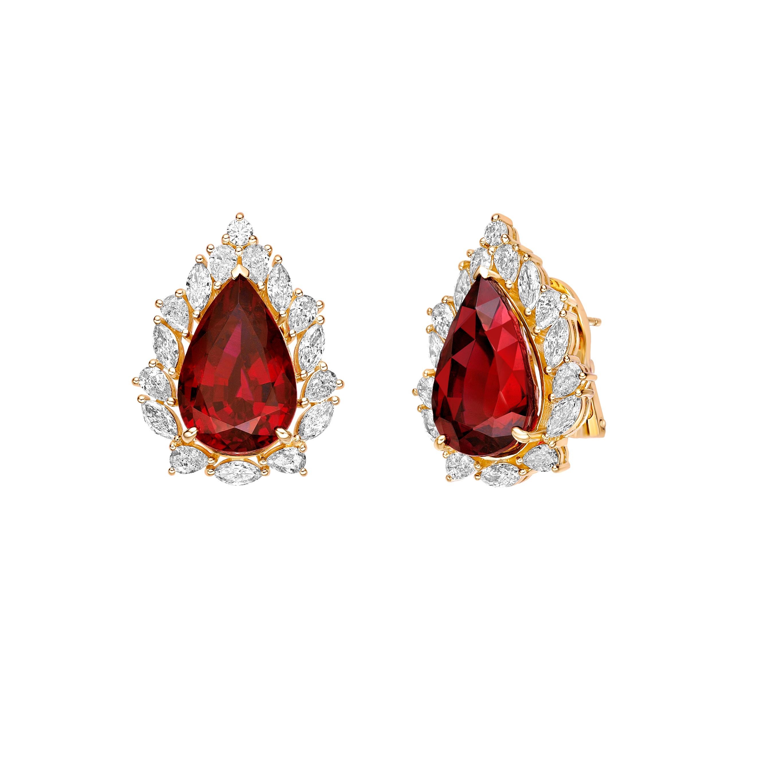 Pear Cut 20.955 Carat Rubellite Stud Earrings in 18Karat Yellow Gold with White Diamond. For Sale