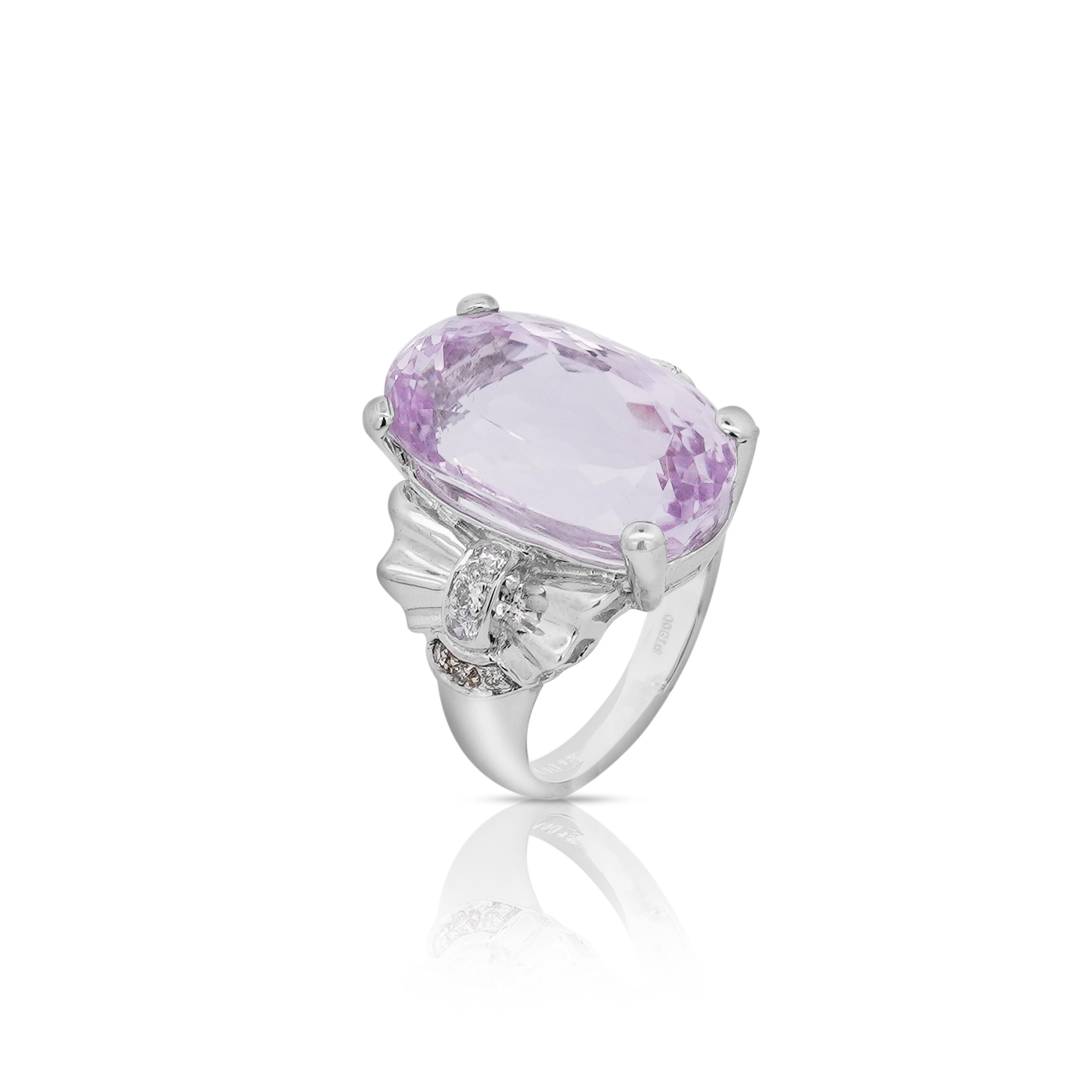 Modern 20.96 Oval Light Pink Kunzite and Diamond in Platinum Filigree Cocktail Ring For Sale