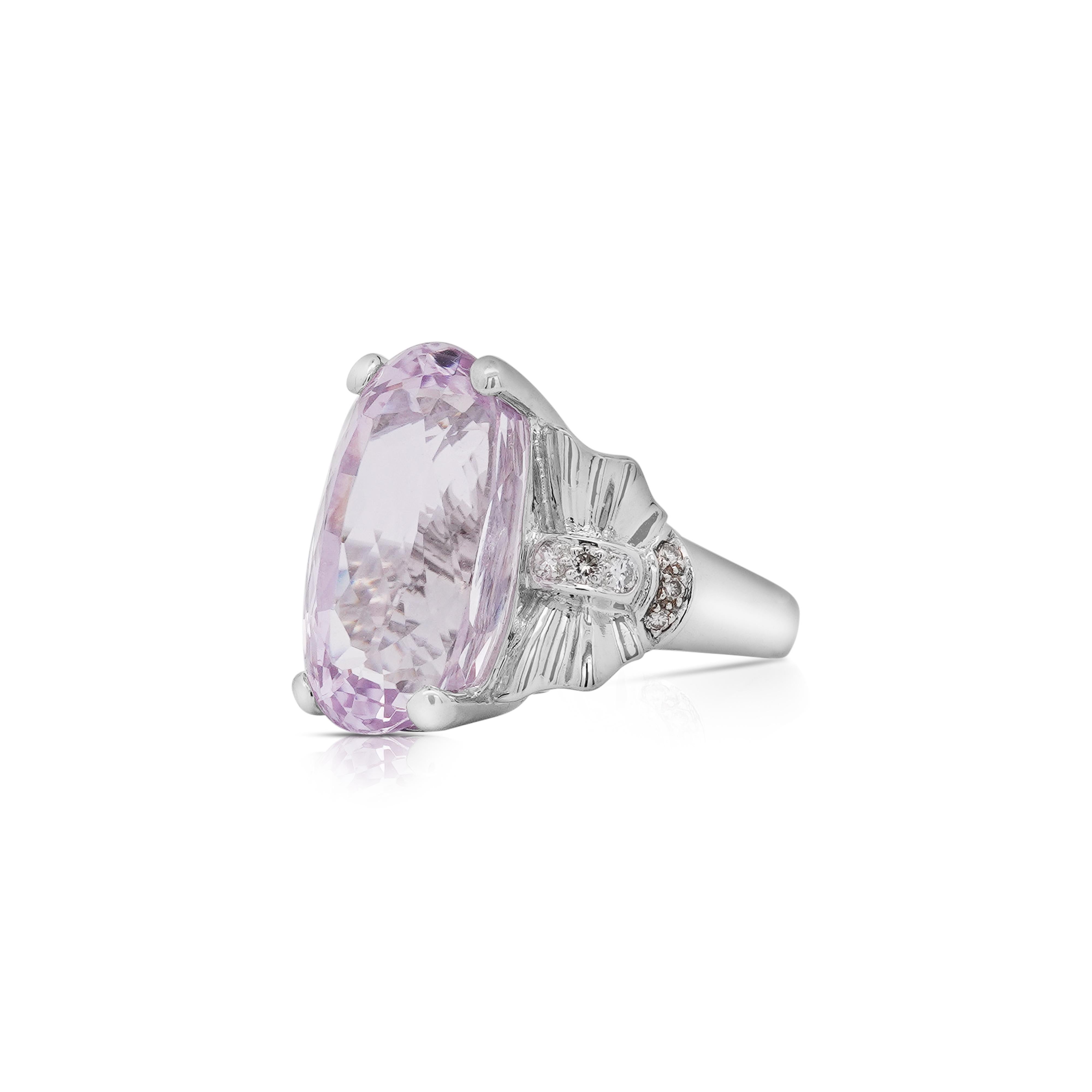 20.96 Oval Light Pink Kunzite and Diamond in Platinum Filigree Cocktail Ring For Sale 2