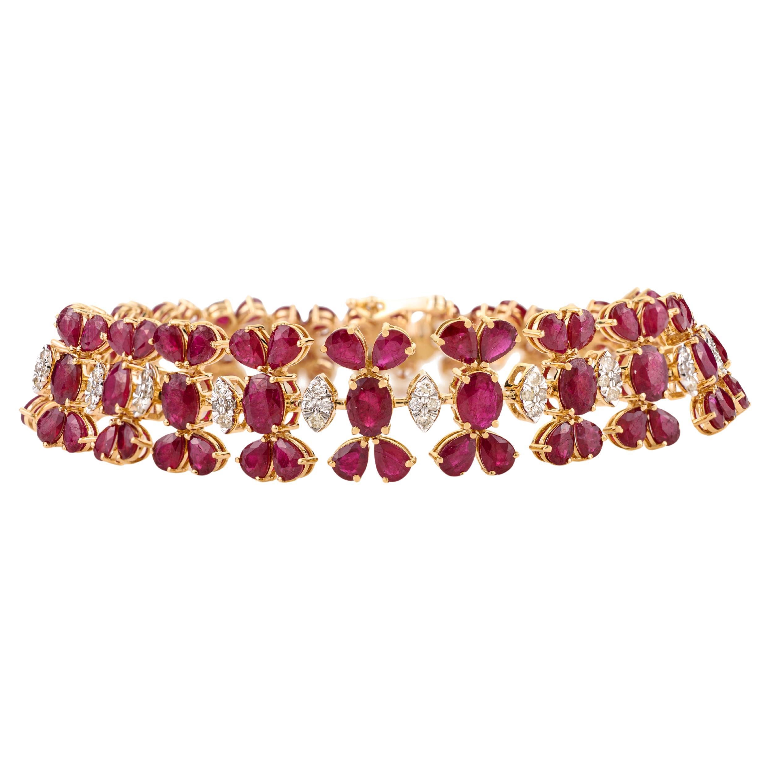 20.96Ct Natural Ruby
Diamond Statement Floral Link Bracelet in 14K Yellow Gold