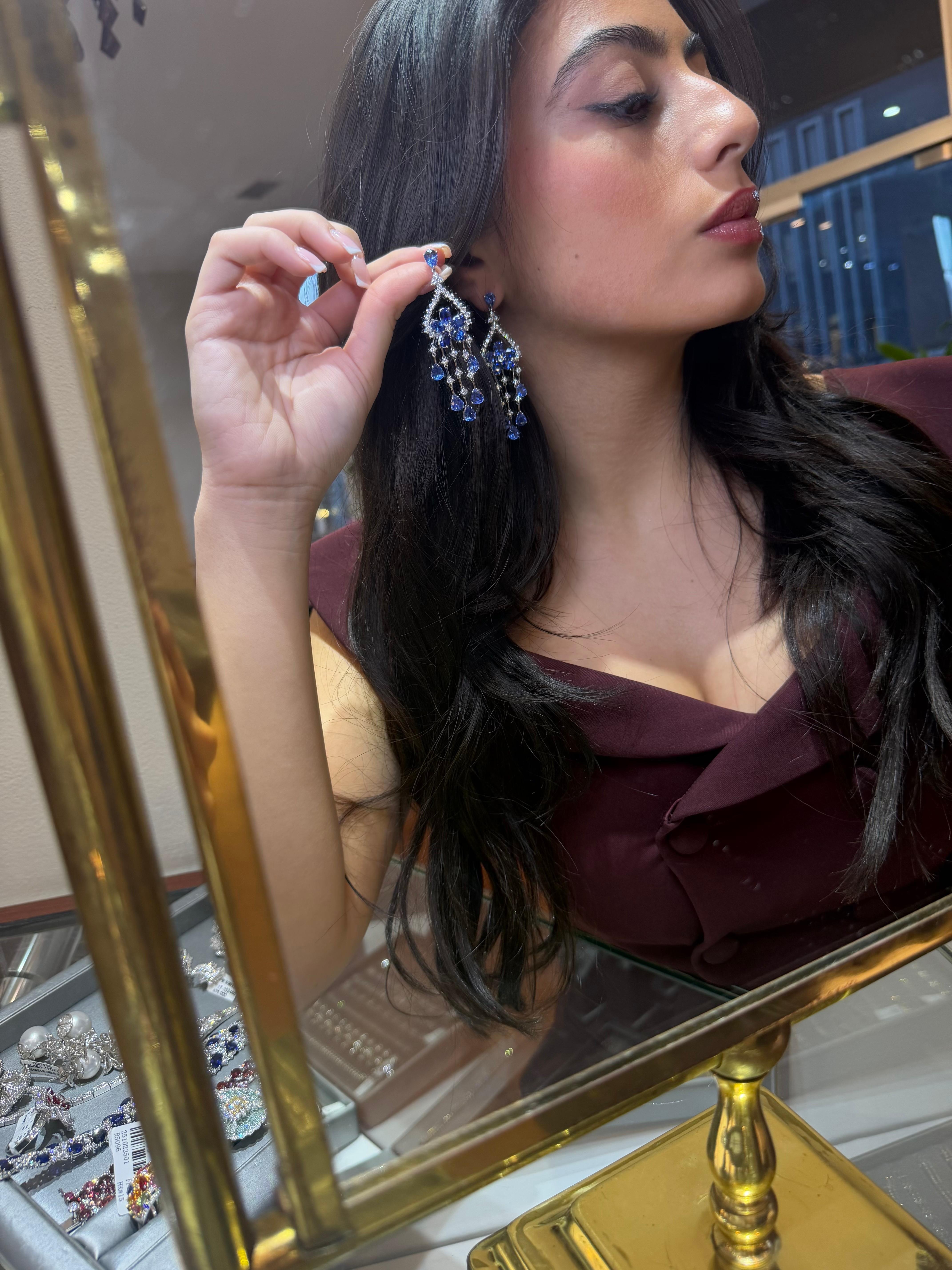 20.98ct Ceylon Sapphire & Diamond Chandelier Statement Drop Earrings 18k Gold in vendita 3