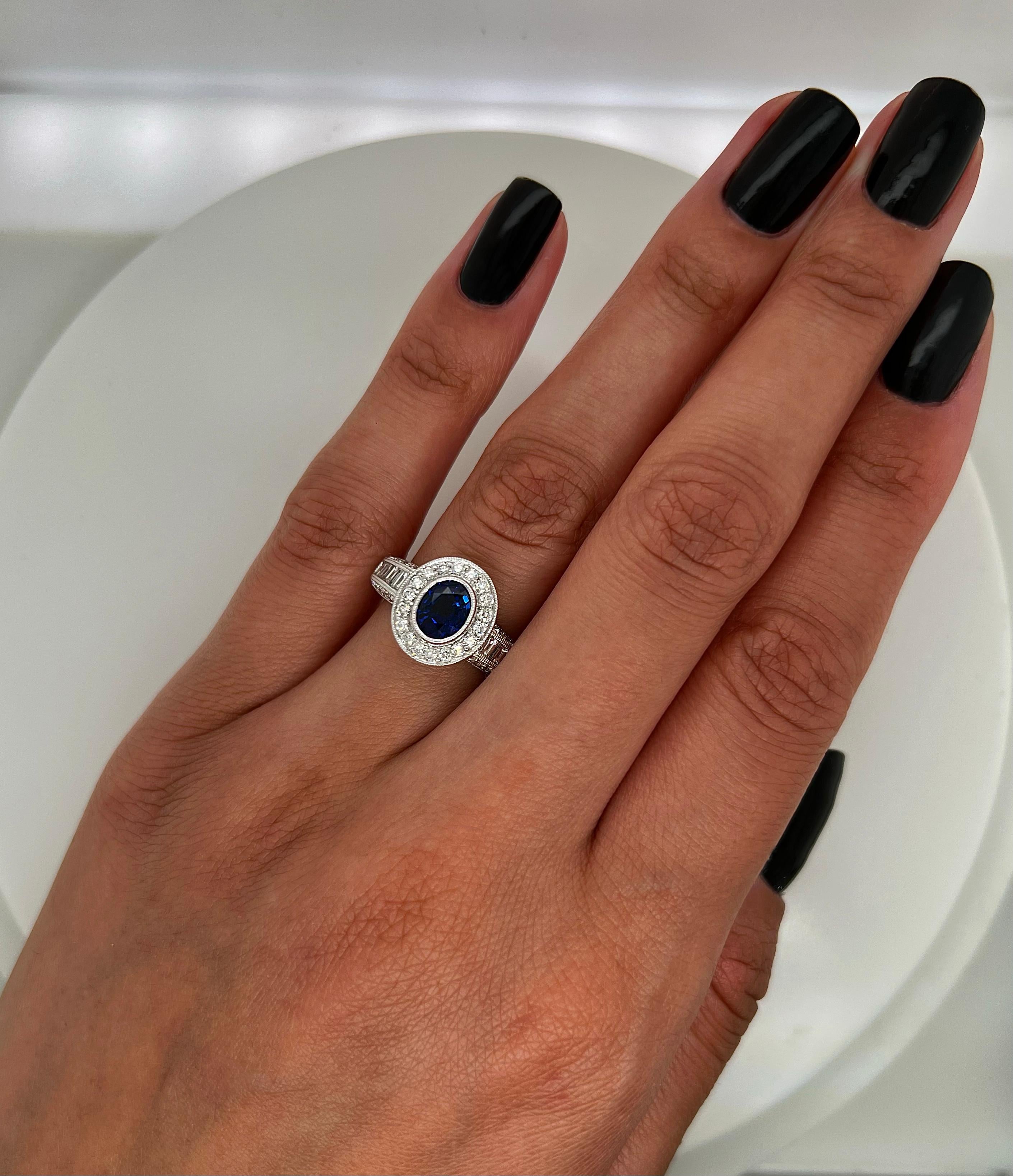 Oval Cut 2.09 Total Carat Sapphire Diamond Engagement Ring For Sale
