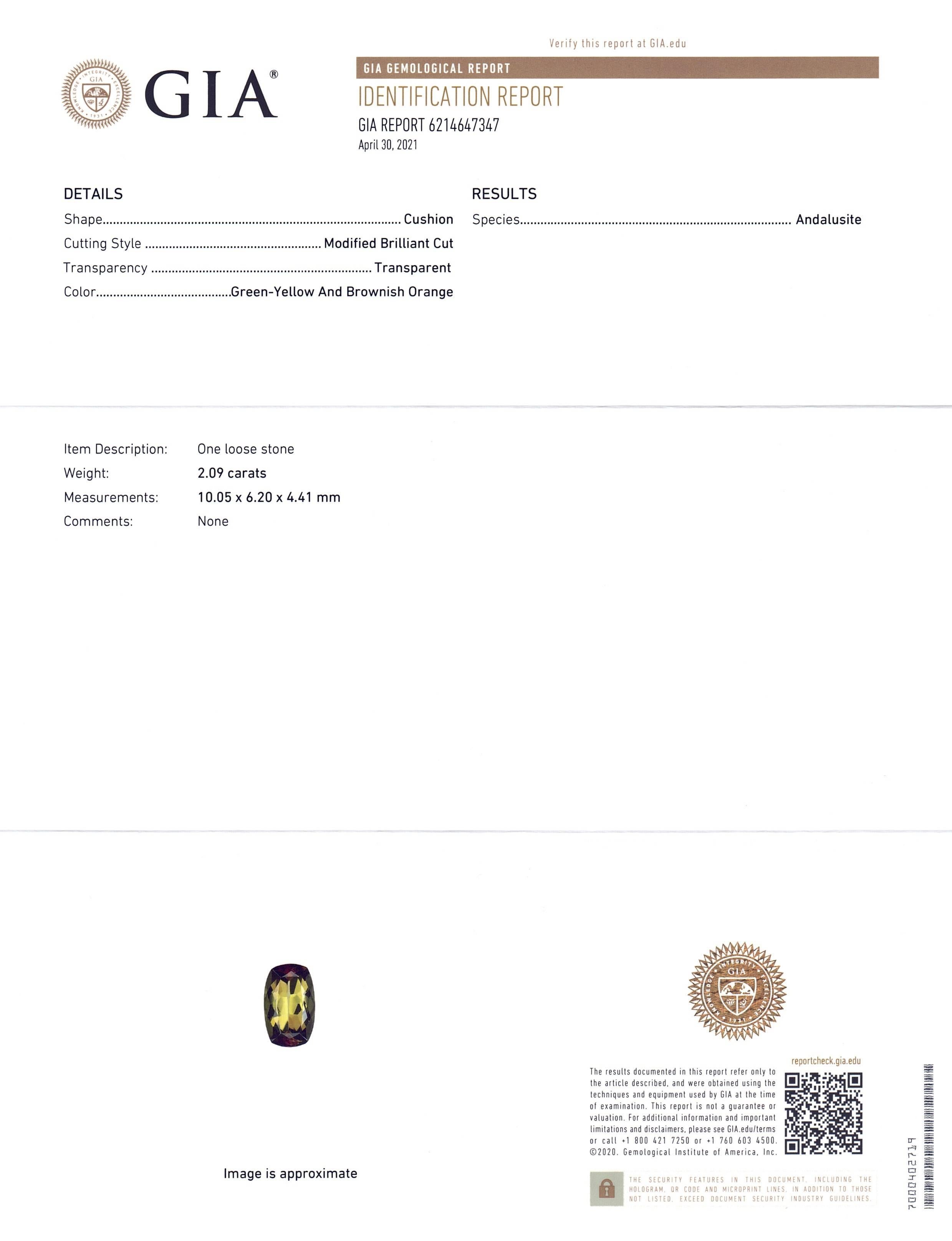 Women's or Men's 2.09ct Cushion Andalusite GIA Certified For Sale