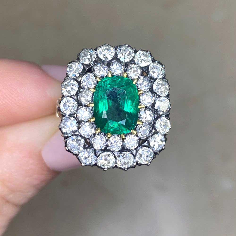 2.09ct Cushion Cut Emerald Engagement Ring, Double Halo, 18k Yellow Gold For Sale 5
