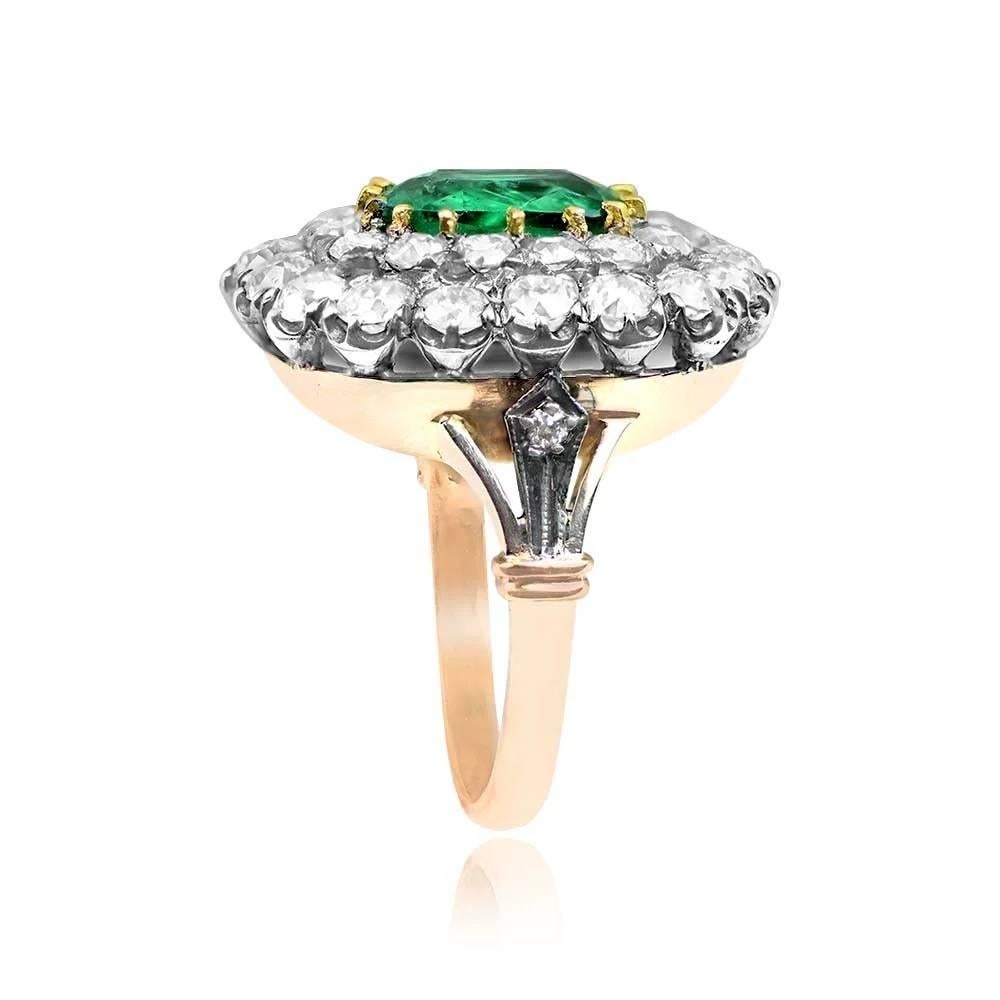 Art Deco 2.09ct Cushion Cut Emerald Engagement Ring, Double Halo, 18k Yellow Gold For Sale