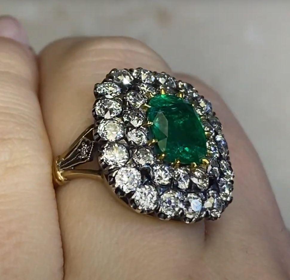 2.09ct Cushion Cut Emerald Engagement Ring, Double Halo, 18k Yellow Gold For Sale 1