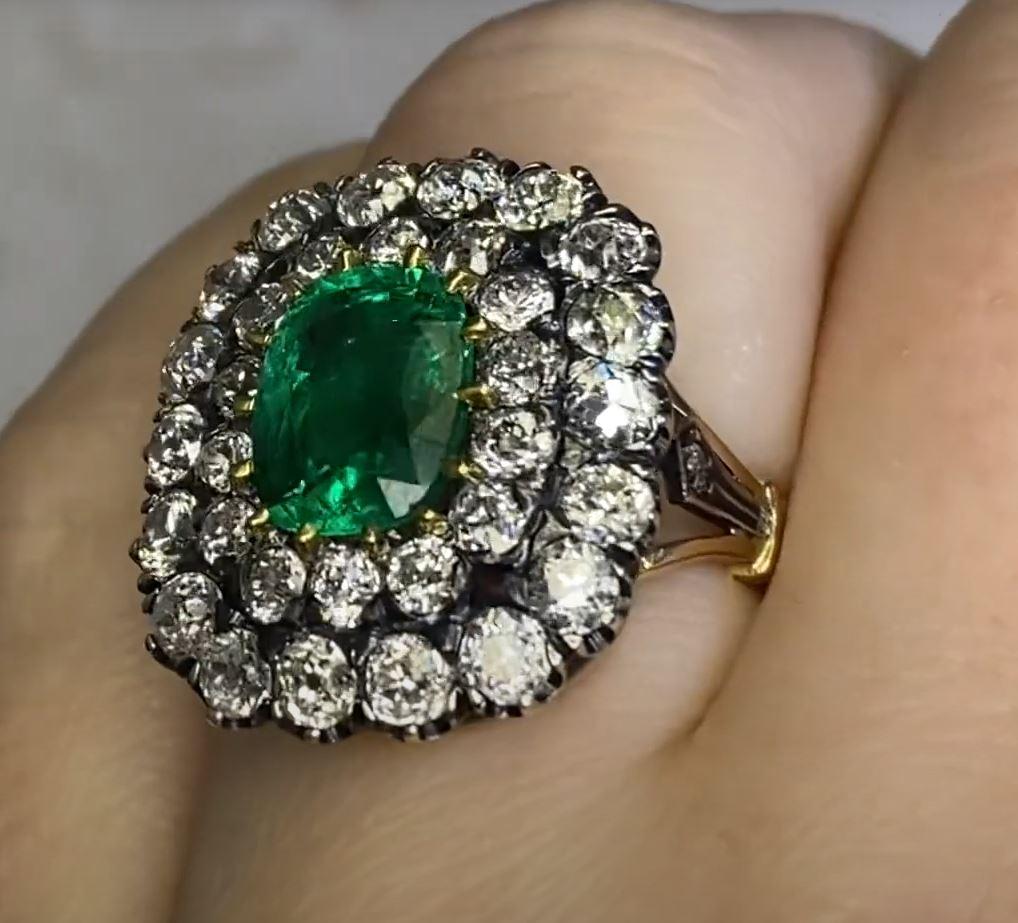 2.09ct Cushion Cut Emerald Engagement Ring, Double Halo, 18k Yellow Gold For Sale 2