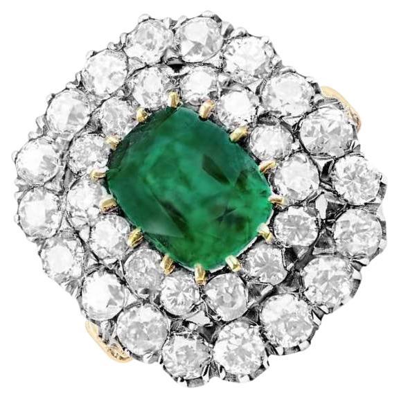 2.09ct Cushion Cut Emerald Engagement Ring, Double Halo, 18k Yellow Gold For Sale