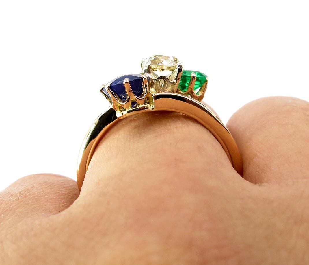 2.09 Carat Green Emerald Sapphire Old Mine Cushion Diamond Crossover Gold Ring 7