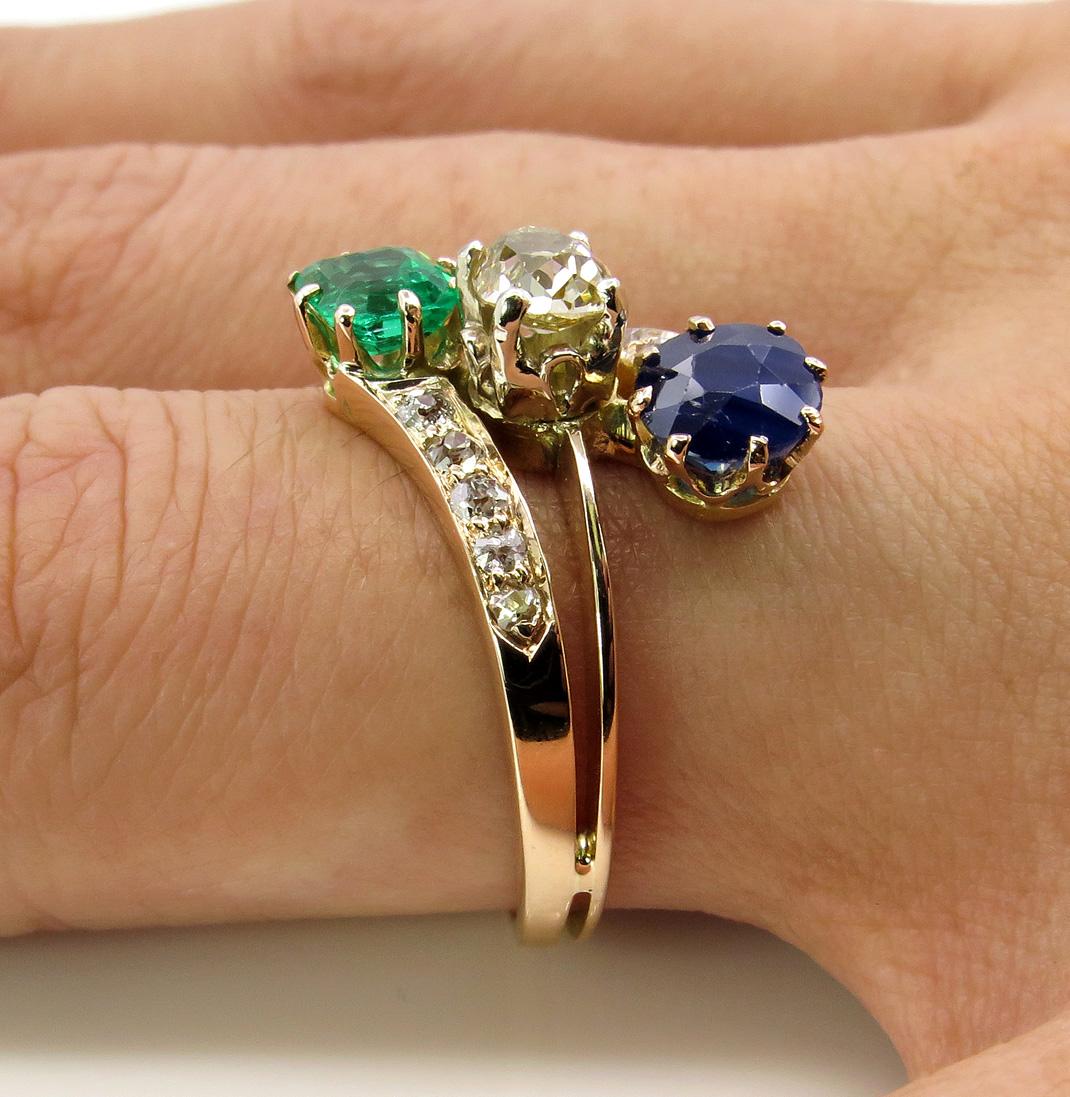 2.09 Carat Green Emerald Sapphire Old Mine Cushion Diamond Crossover Gold Ring 8