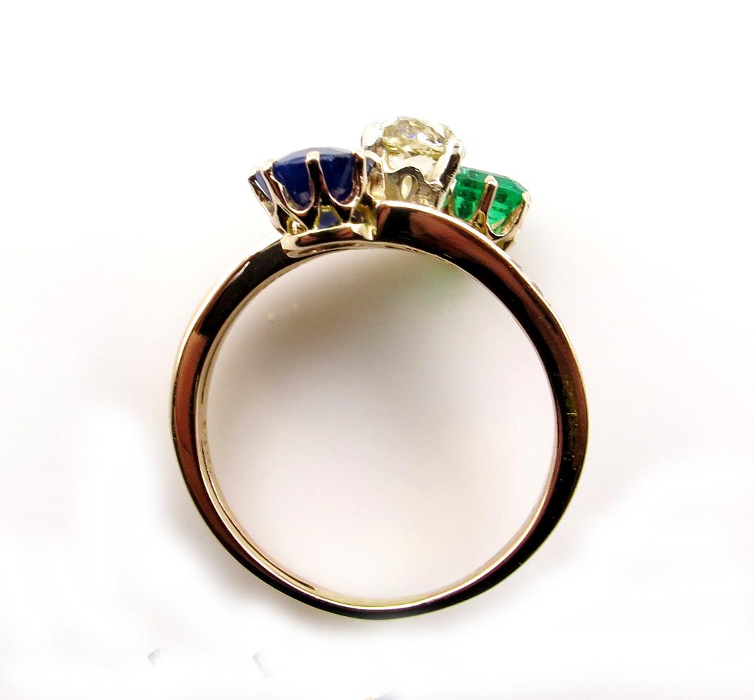 2.09 Carat Green Emerald Sapphire Old Mine Cushion Diamond Crossover Gold Ring 2