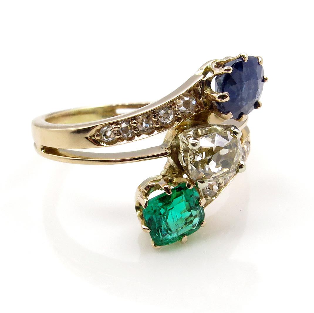 Victorian 2.09 Carat Green Emerald Sapphire Old Mine Cushion Diamond Crossover Gold Ring