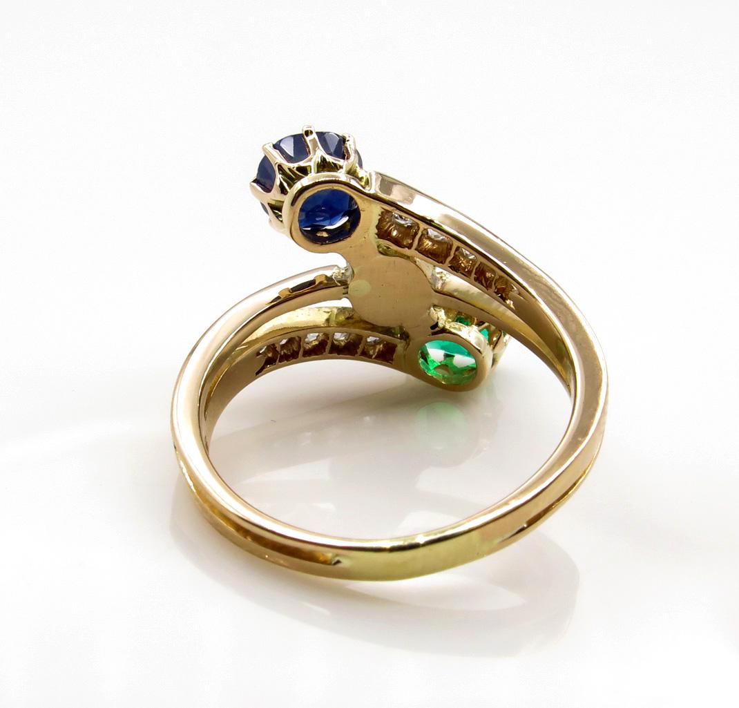 Women's 2.09 Carat Green Emerald Sapphire Old Mine Cushion Diamond Crossover Gold Ring