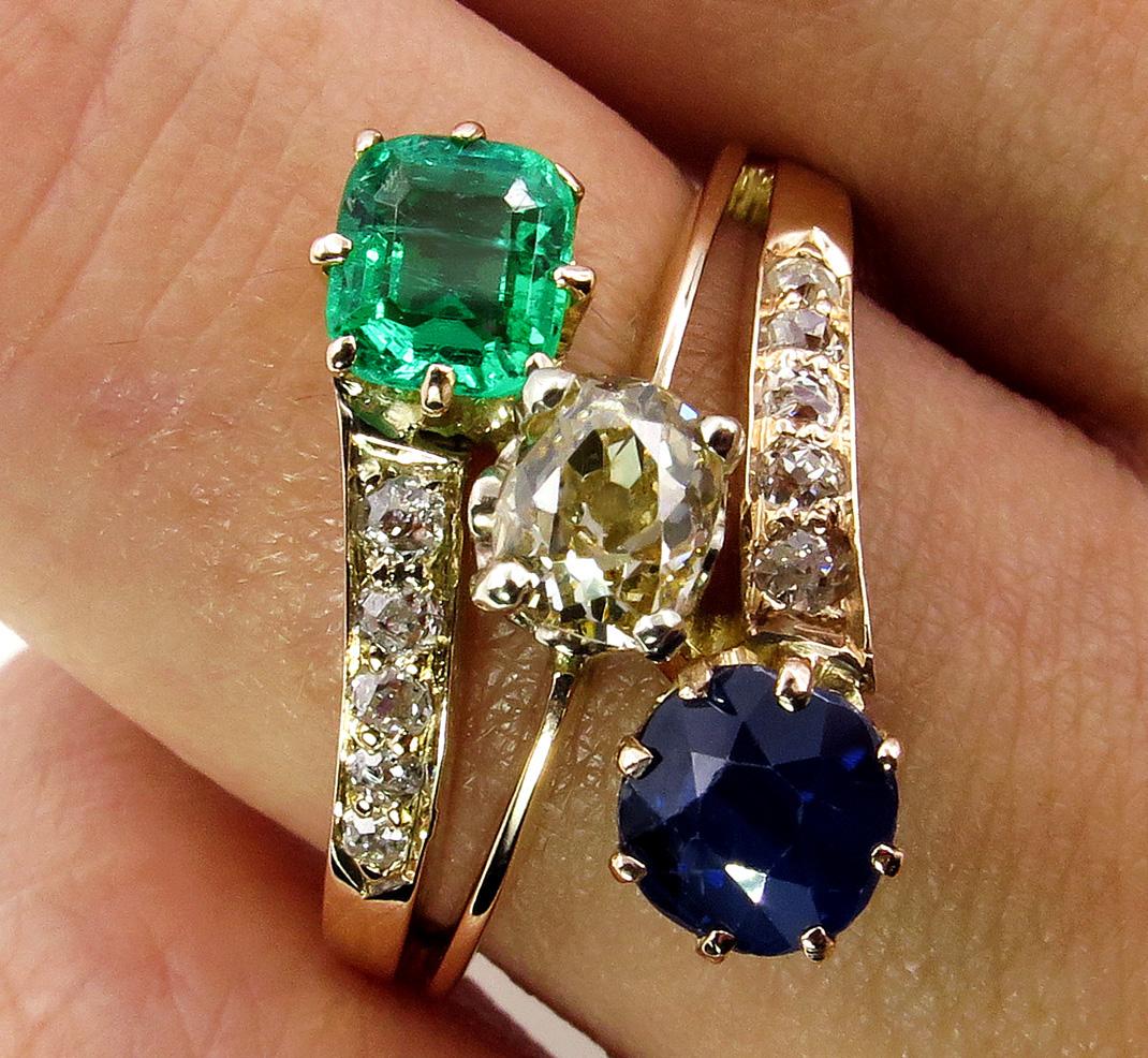 2.09 Carat Green Emerald Sapphire Old Mine Cushion Diamond Crossover Gold Ring 3