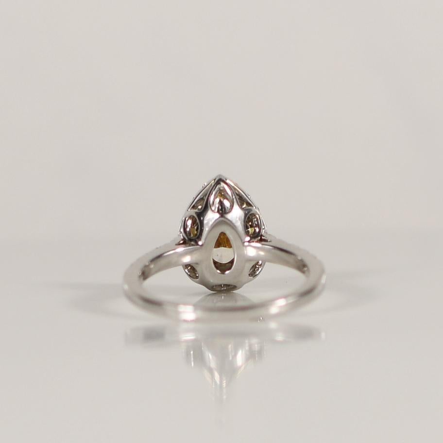 Modern 2.09ctw Natural Fancy-Yellow Pear Cut Diamond 14k White Gold Halo Engagement Rin For Sale