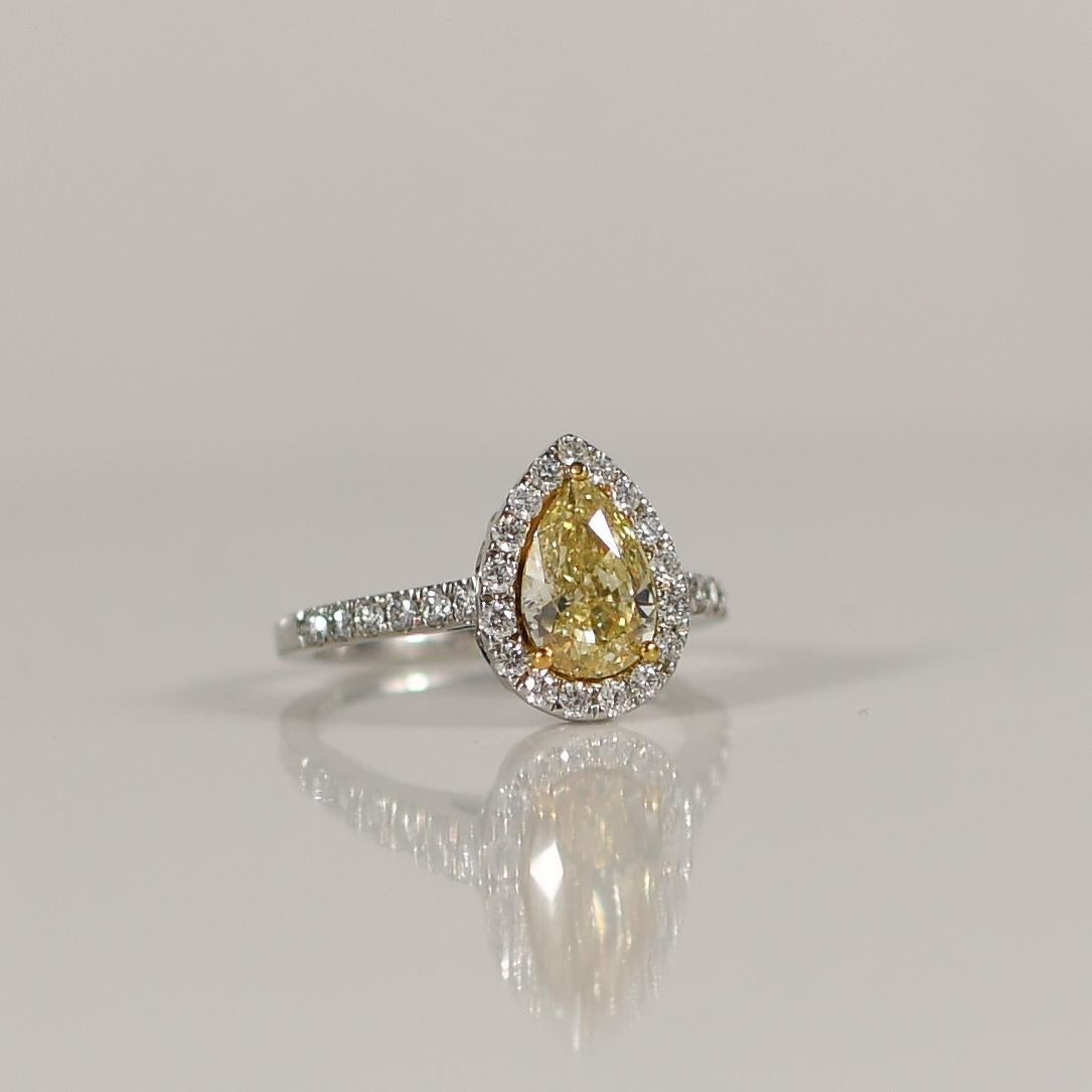 2.09ctw Natural Fancy-Yellow Pear Cut Diamond 14k White Gold Halo Engagement Rin In Good Condition For Sale In Addison, TX