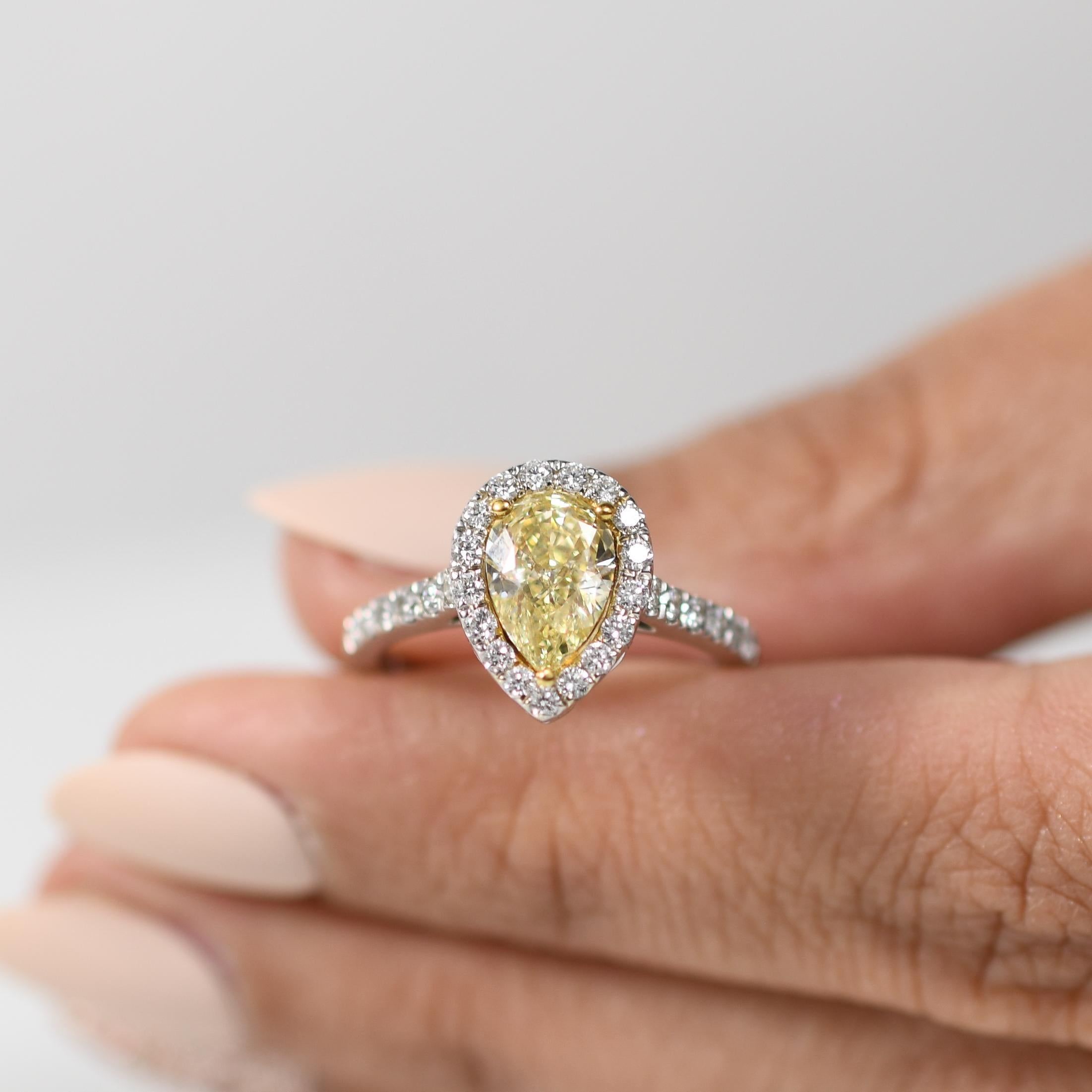 2.09ctw Natural Fancy-Yellow Pear Cut Diamond 14k White Gold Halo Engagement Rin For Sale 1
