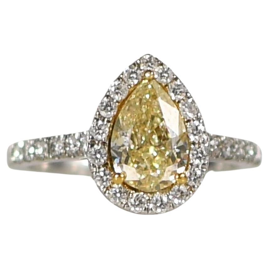 2.09ctw Natural Fancy-Yellow Pear Cut Diamond 14k White Gold Halo Engagement Rin For Sale