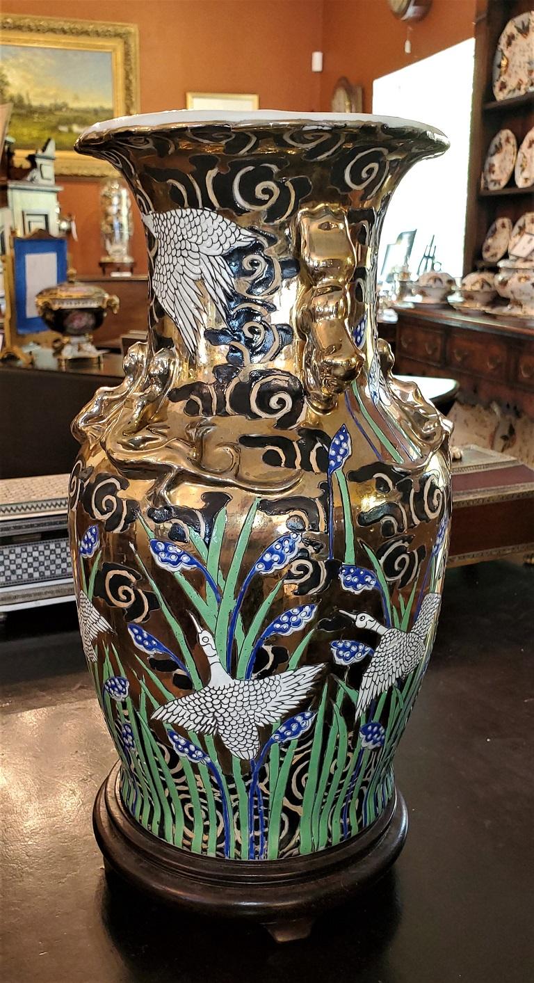 Enameled 20th Century Chinese Gilt Crane Vase